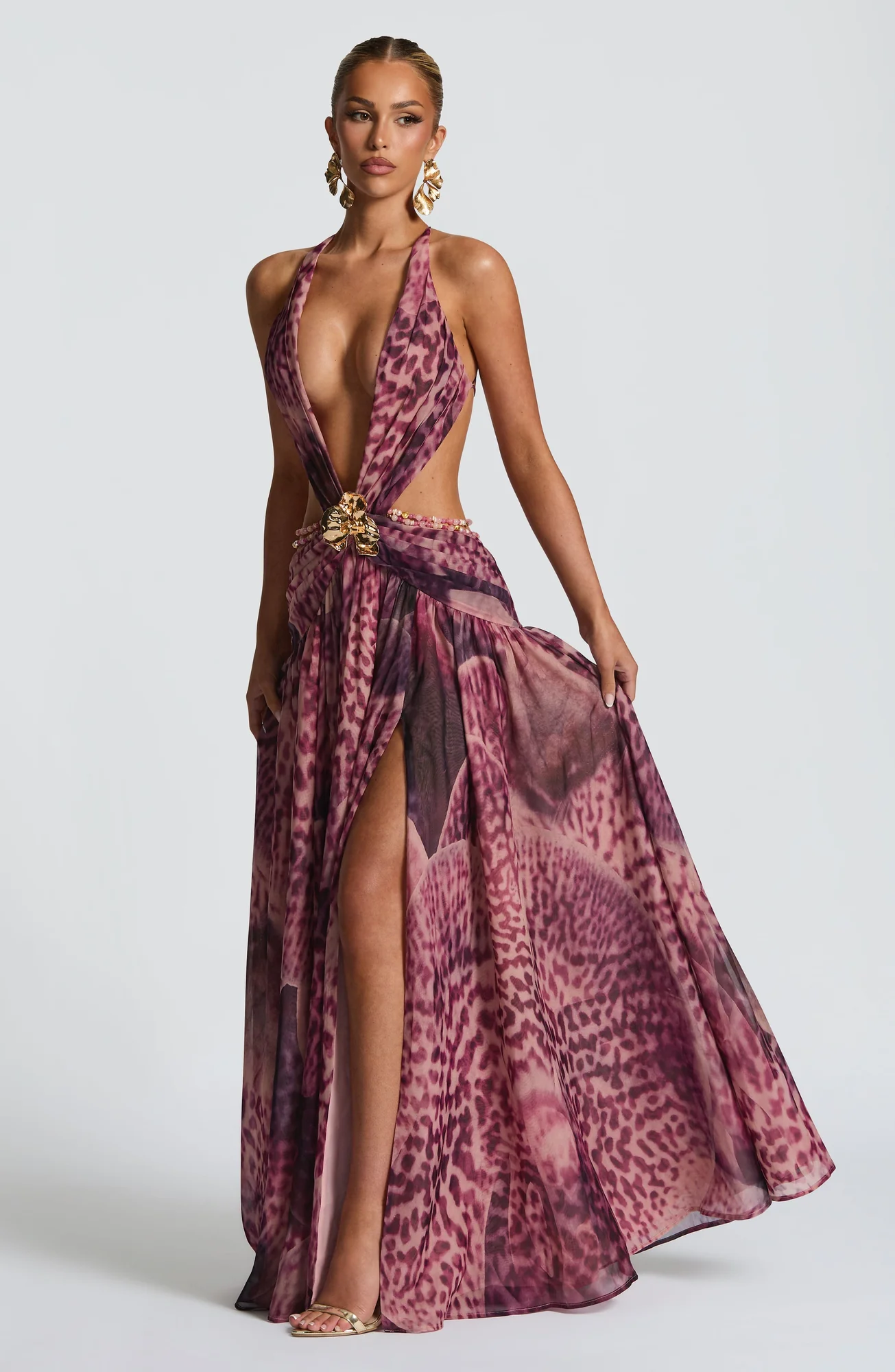 Magenta Orchid Print Maxi Dress - Elegant Backless Design