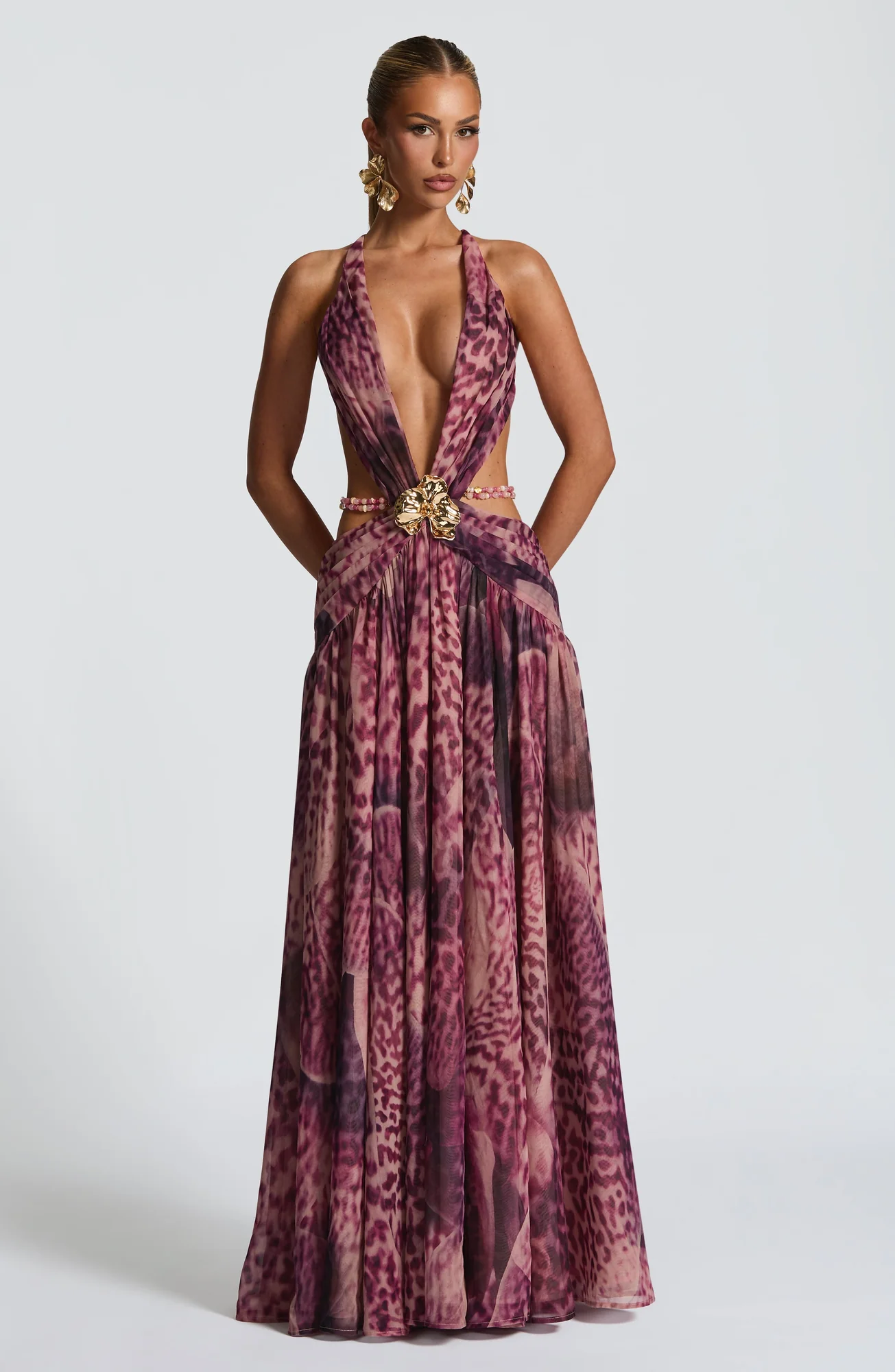 Magenta Orchid Print Maxi Dress - Elegant Backless Design