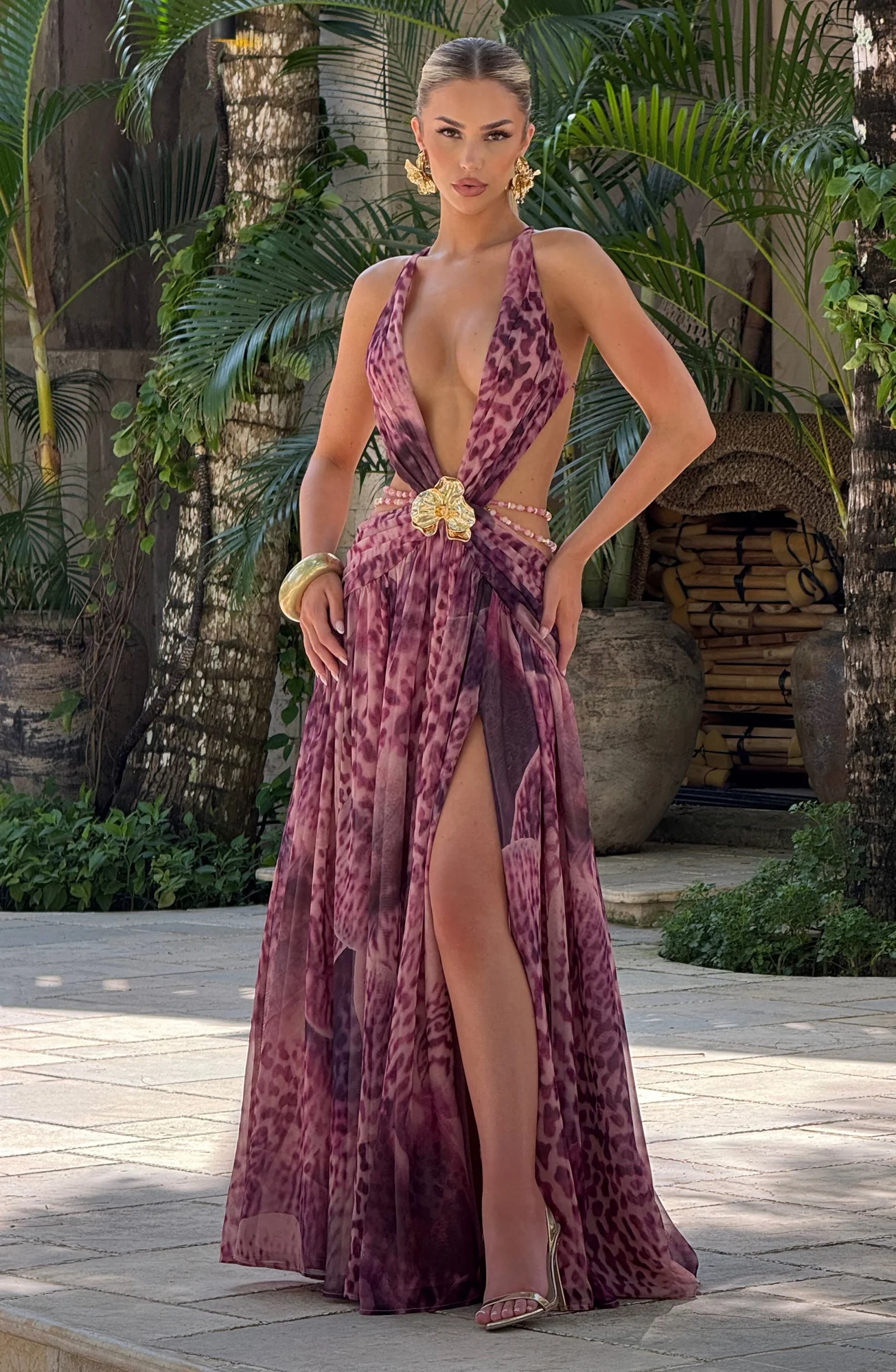 Magenta Orchid Print Maxi Dress - Elegant Backless Design