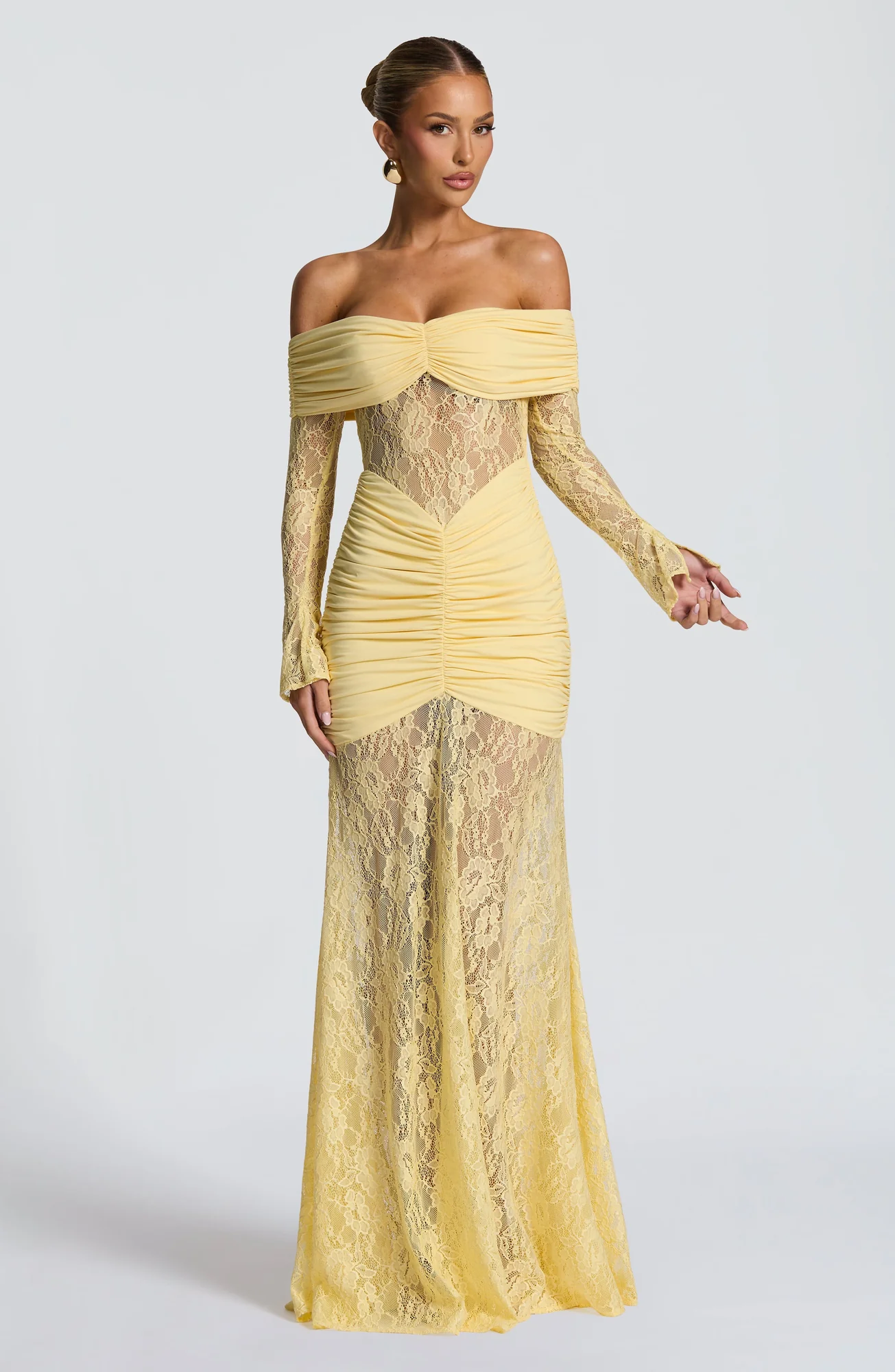 Lemon Lace Maxi Dress - Elegant Body-Hugging Fit