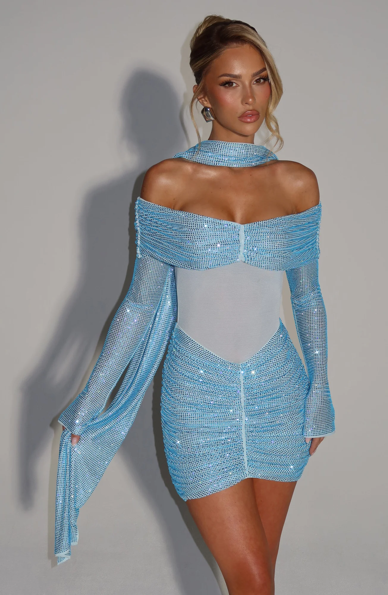Aqua Rhinestone Embellished Bodycon Mini Dress