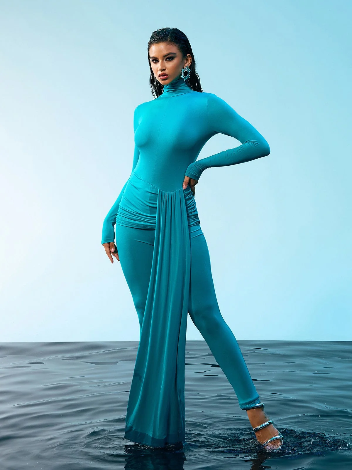 Elegant Draped Long Sleeve Jumpsuit in Blue