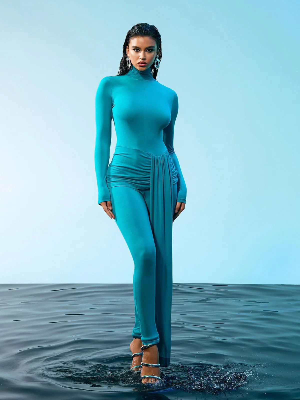Elegant Draped Long Sleeve Jumpsuit in Blue