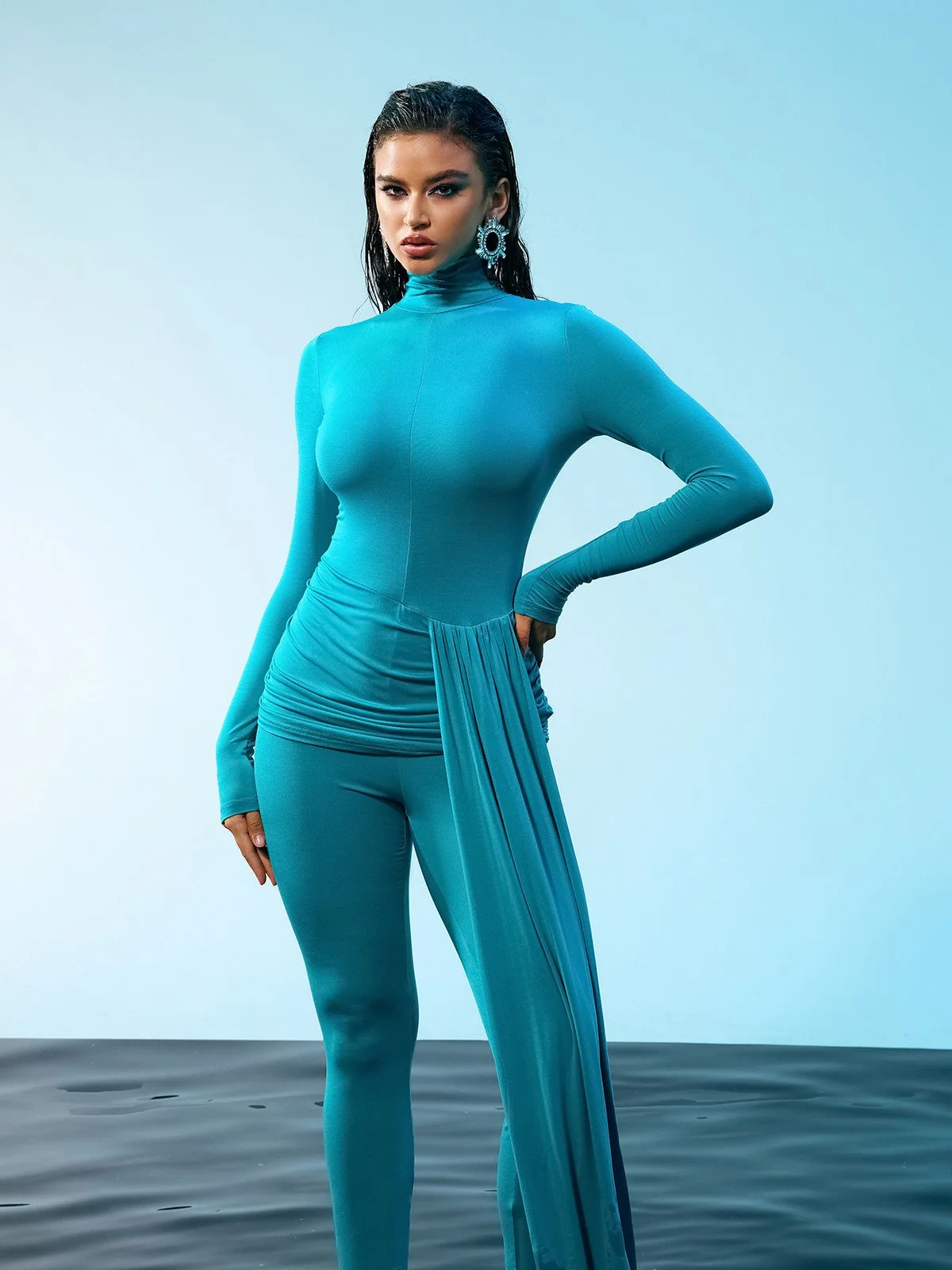 Elegant Draped Long Sleeve Jumpsuit in Blue
