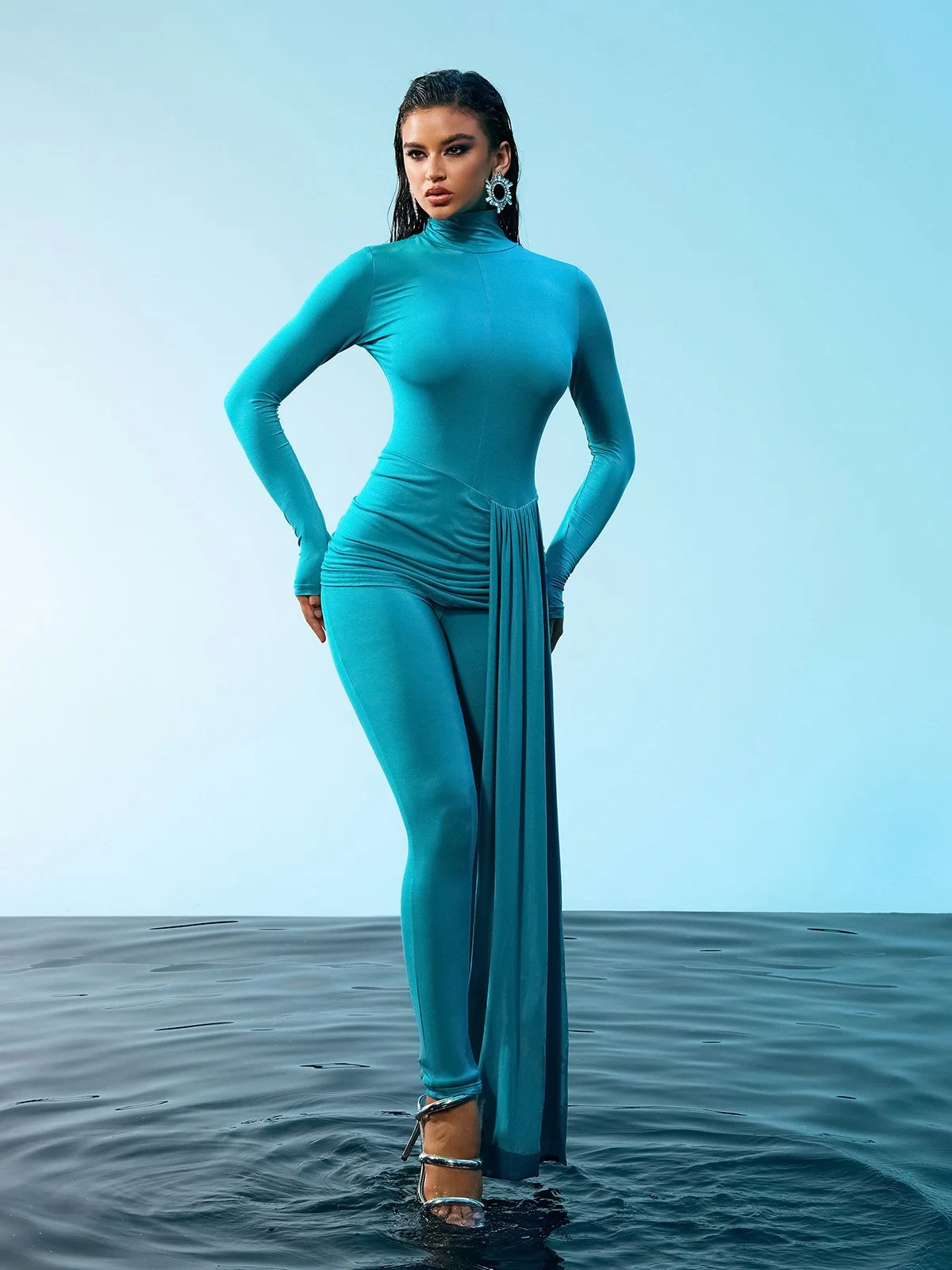 Elegant Draped Long Sleeve Jumpsuit in Blue