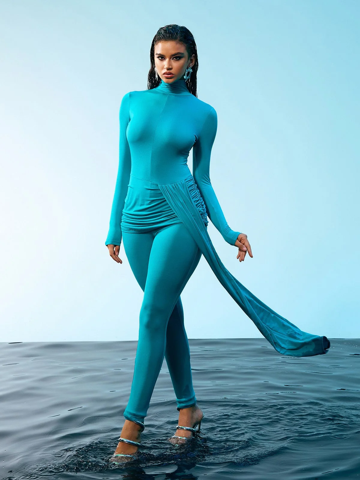 Elegant Draped Long Sleeve Jumpsuit in Blue