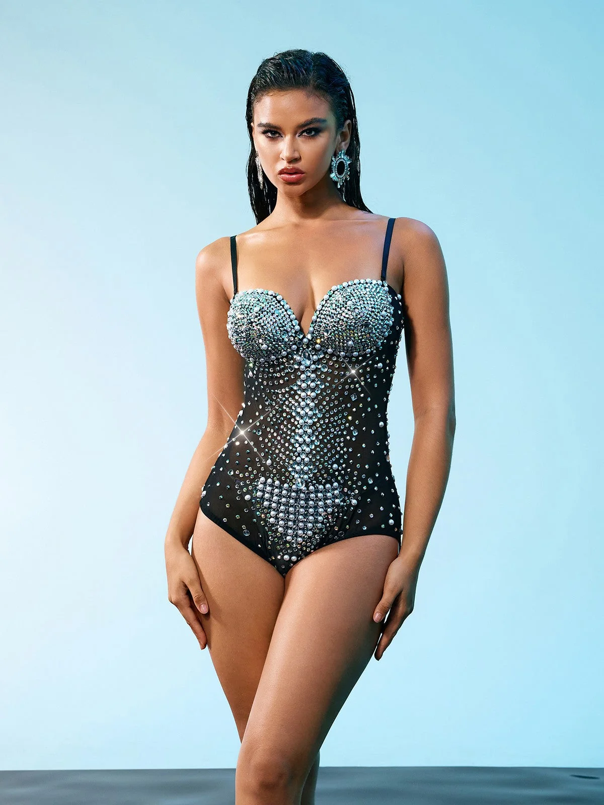Sparkling Rhinestone Mesh Jumpsuit - Elegant Black Bodysuit