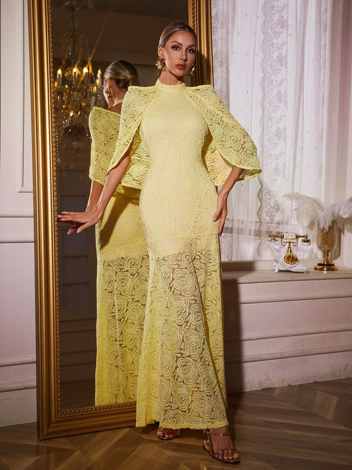 Floral Embroidered Maxi Dress - Elegant Cape Design