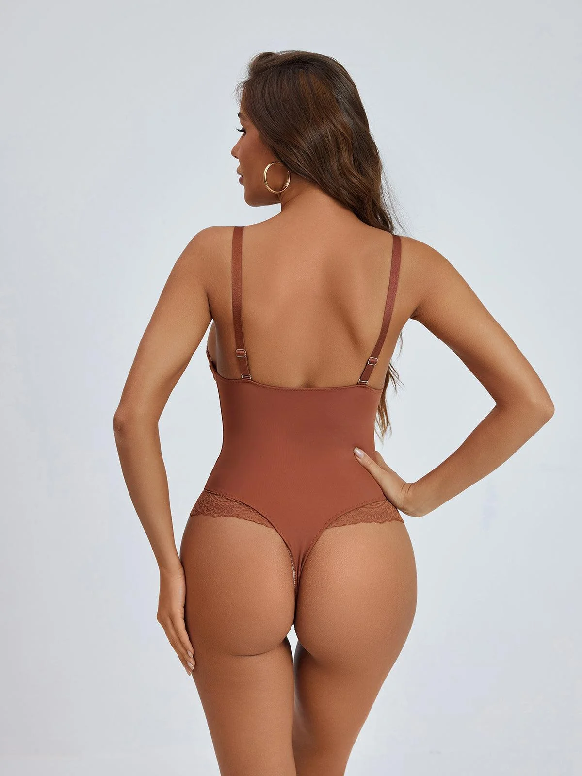 Brown Corded Lace V Neck Bodysuit with Adjustable Straps