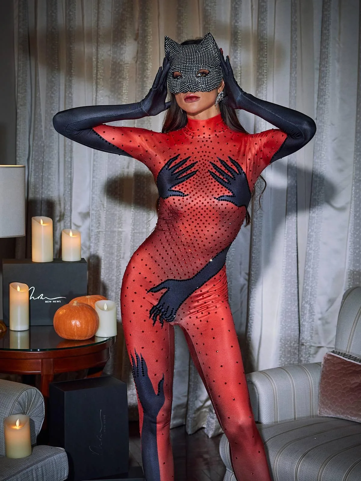 Red Esau Hands Print Rhinestone Gloves Jumpsuit