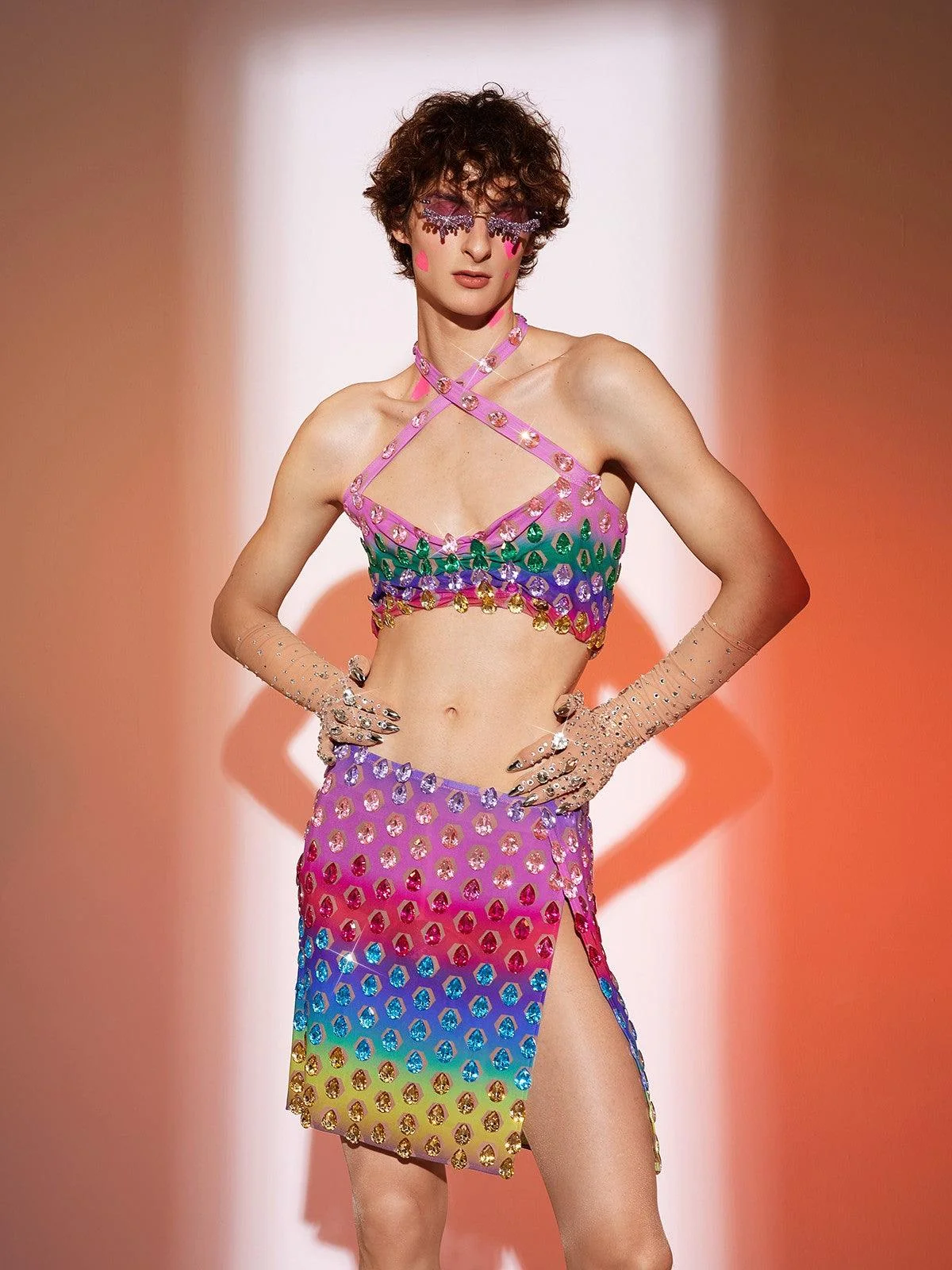 Rainbow Rhinestone Halterneck Set