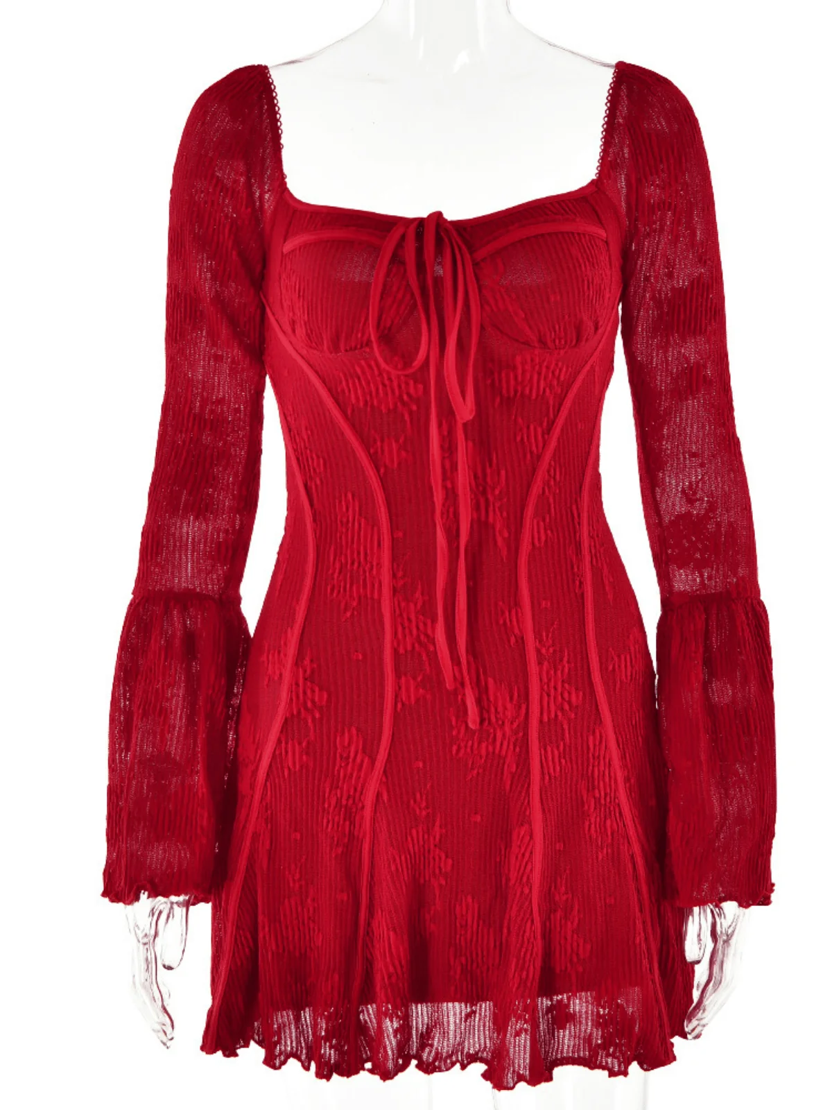 Red Floral Square Neck Mini Dress - Elegant Modern Style