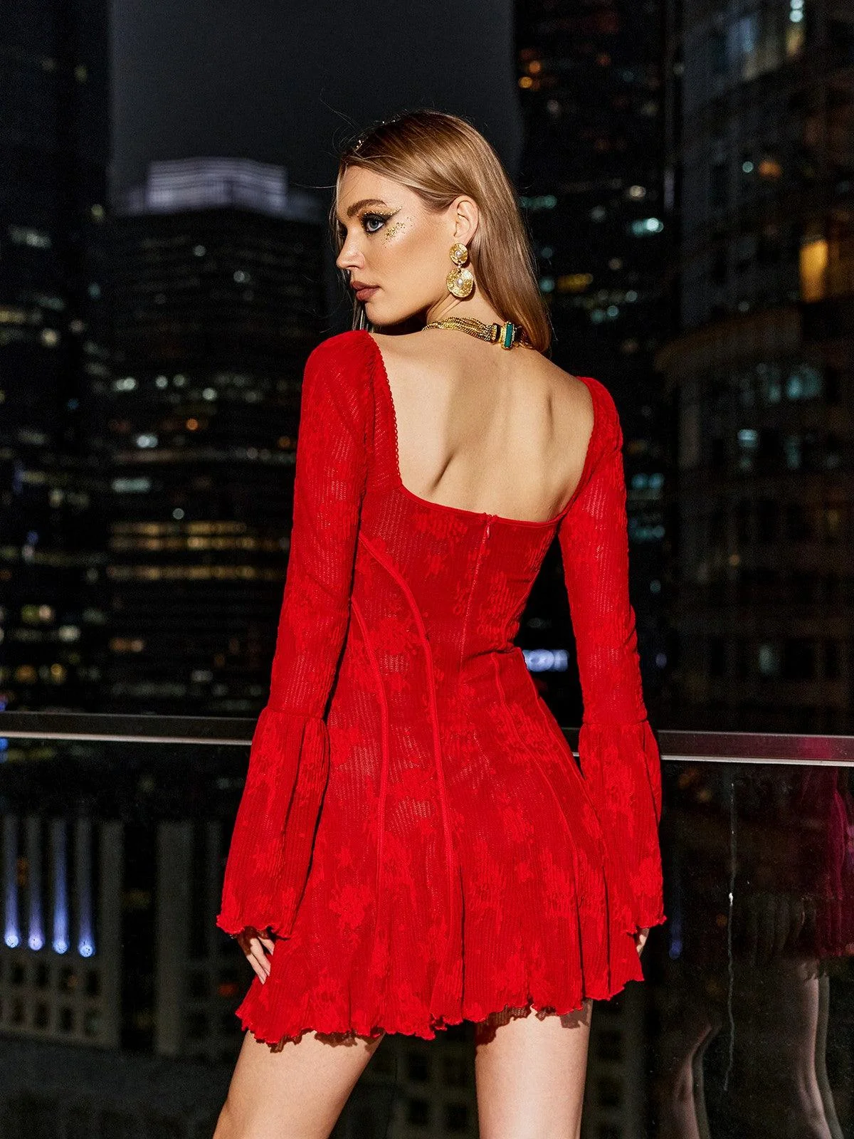 Red Floral Square Neck Mini Dress - Elegant Modern Style