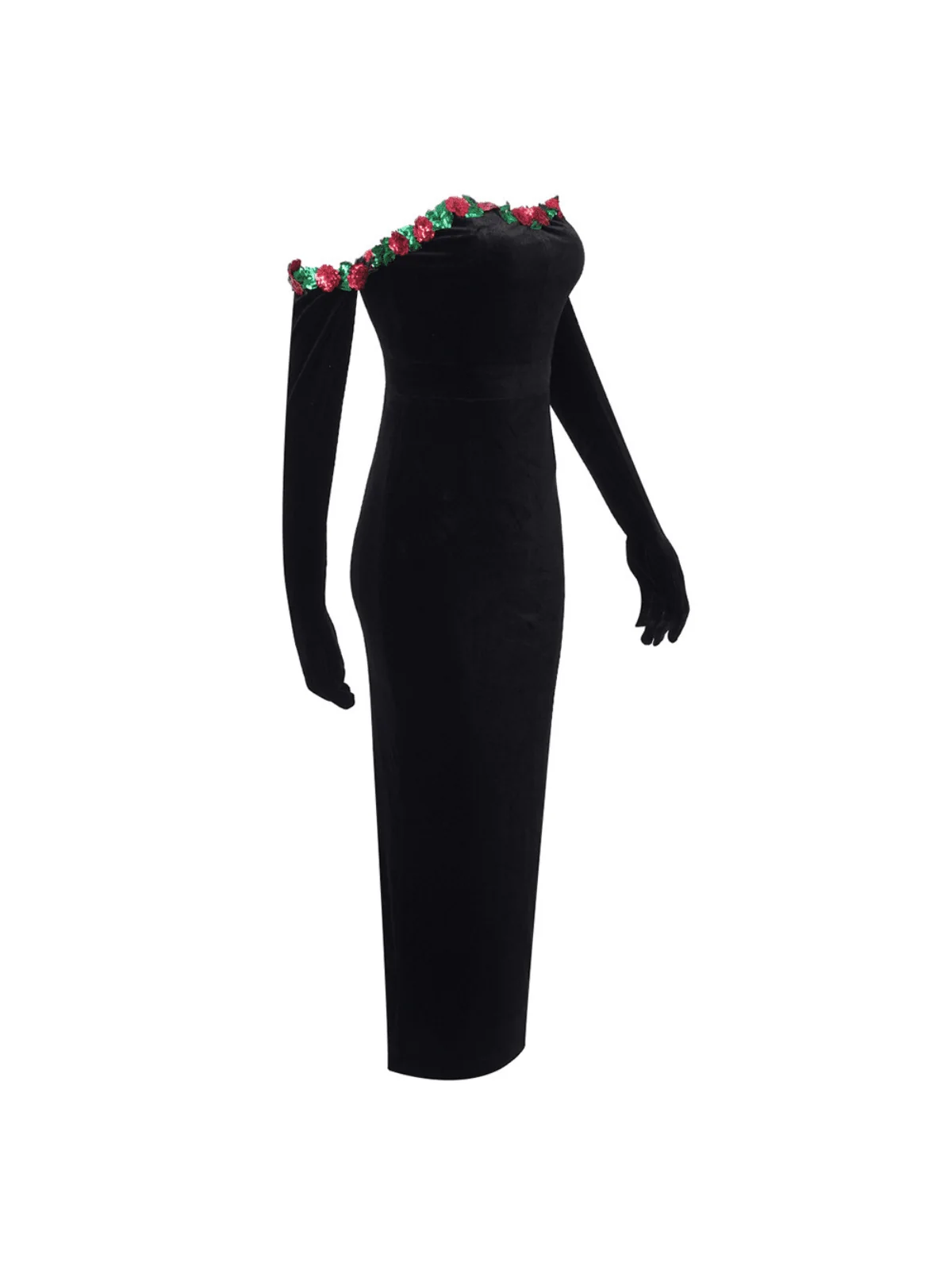 Sequin Flower Velvet Dress with Elegant Gloves