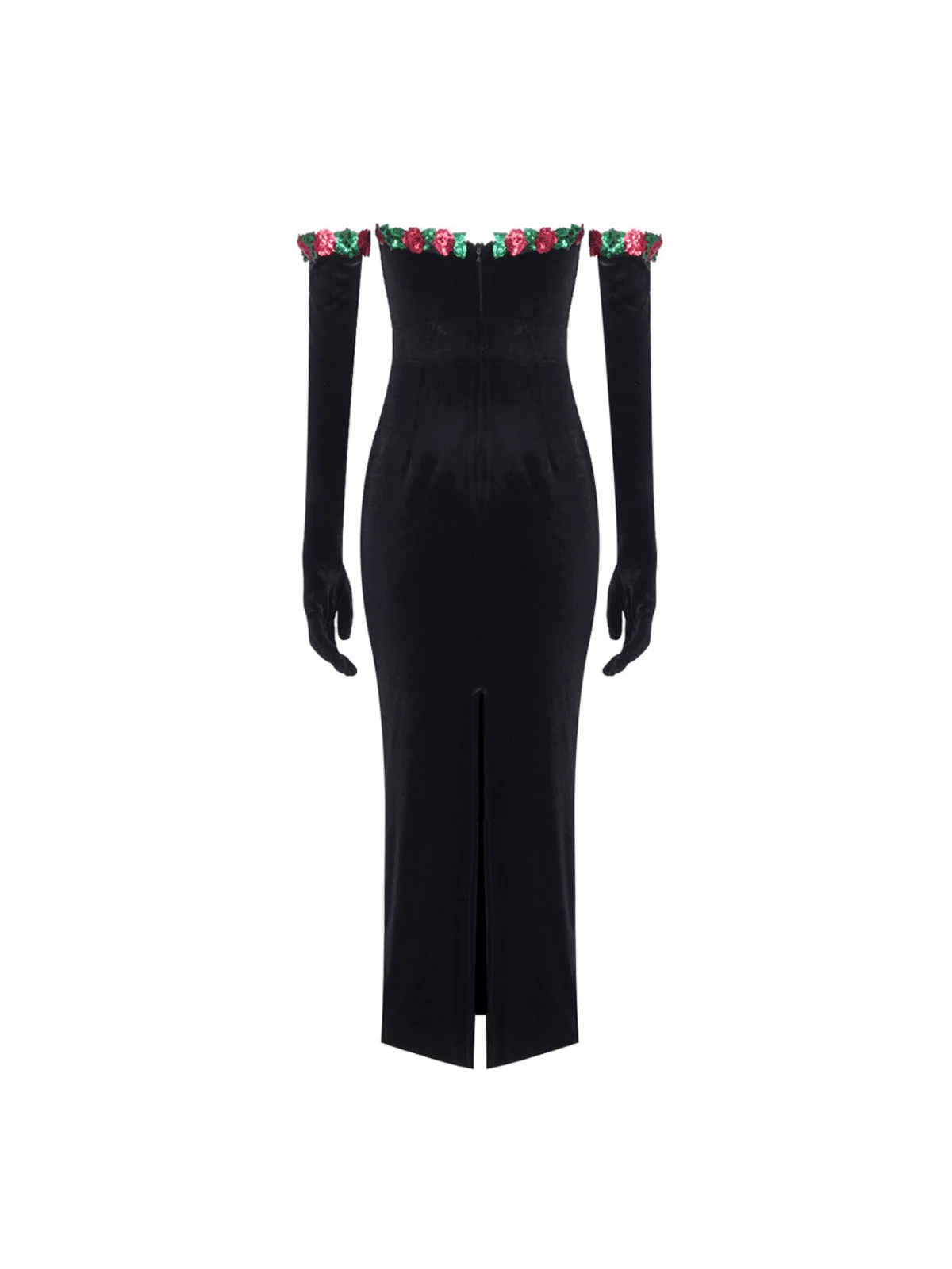 Sequin Flower Velvet Dress with Elegant Gloves