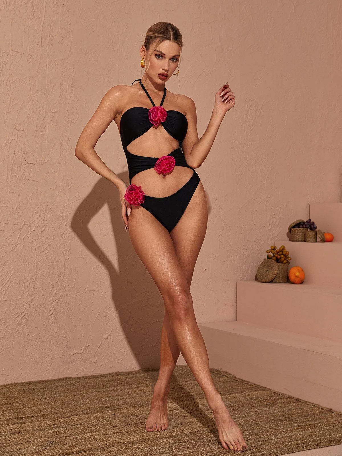 Black Halterneck Embellished Swimsuit with Cutout Detail