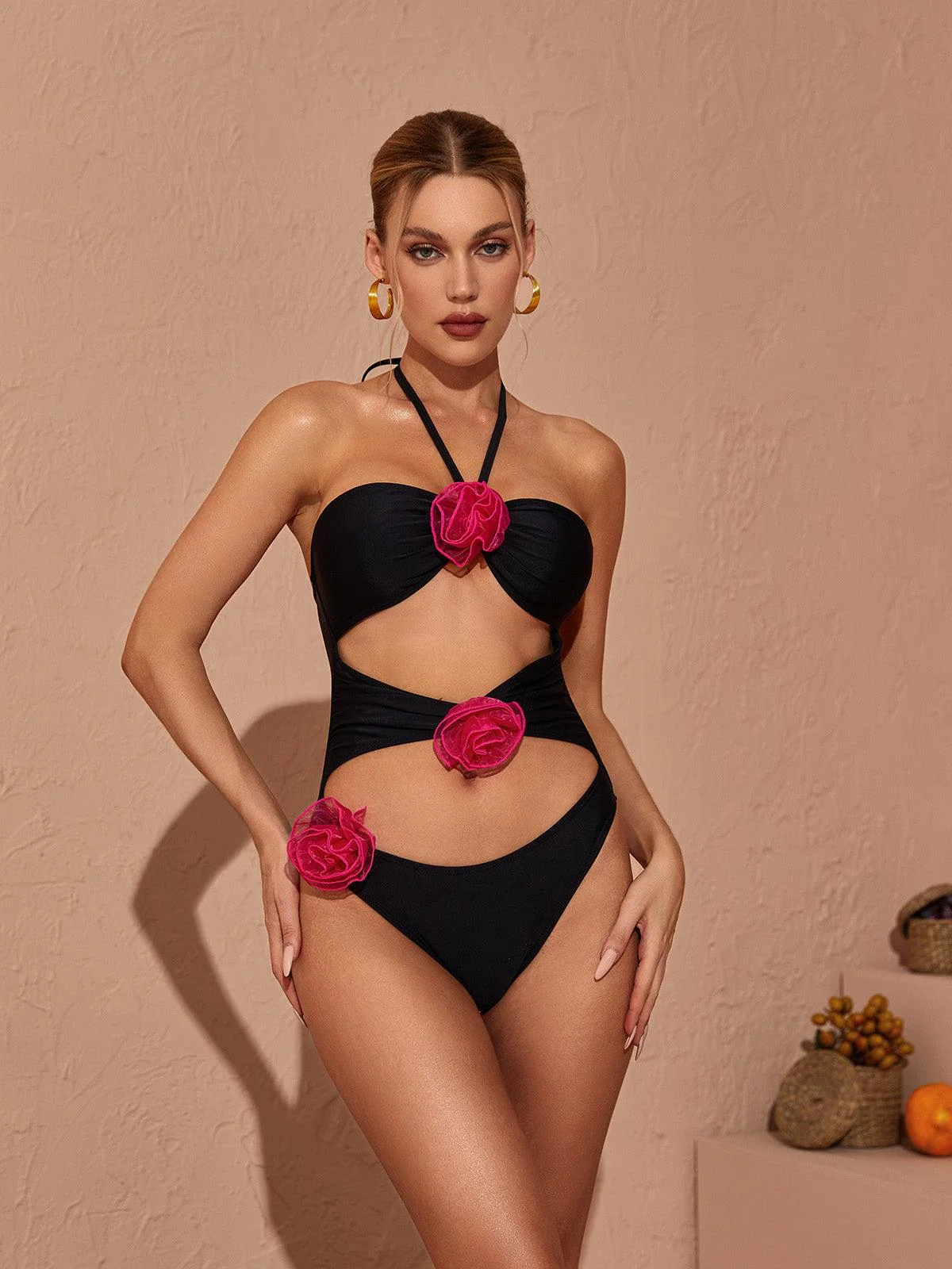 Black Halterneck Embellished Swimsuit with Cutout Detail