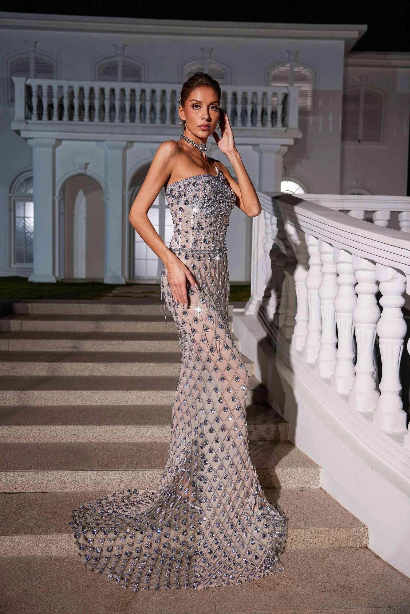 Glamorous Rhinestone Embellished Mesh Maxi Dress