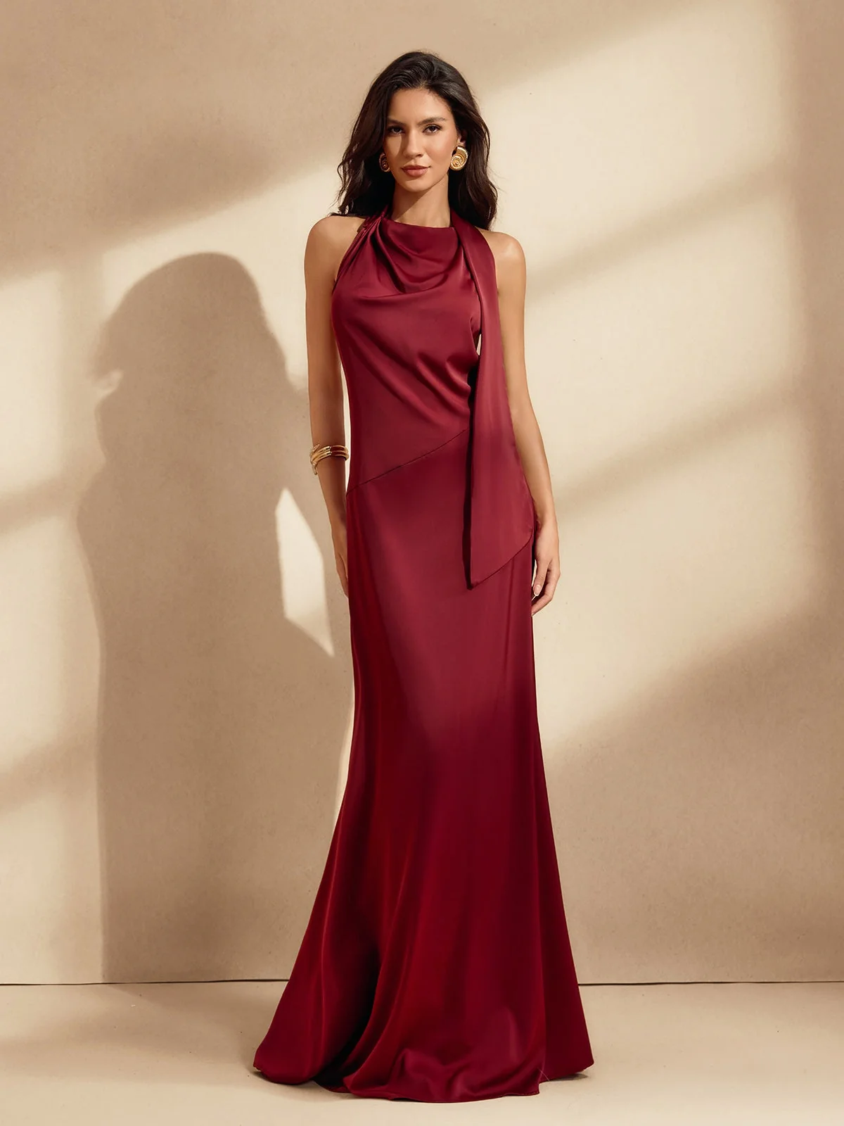 Elegant Wine Satin Maxi Dress with Backless Design