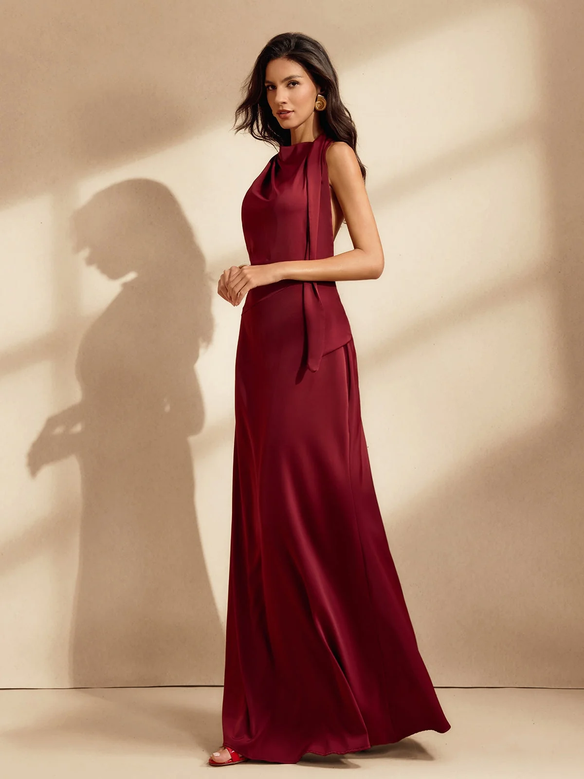 Elegant Wine Satin Maxi Dress with Backless Design