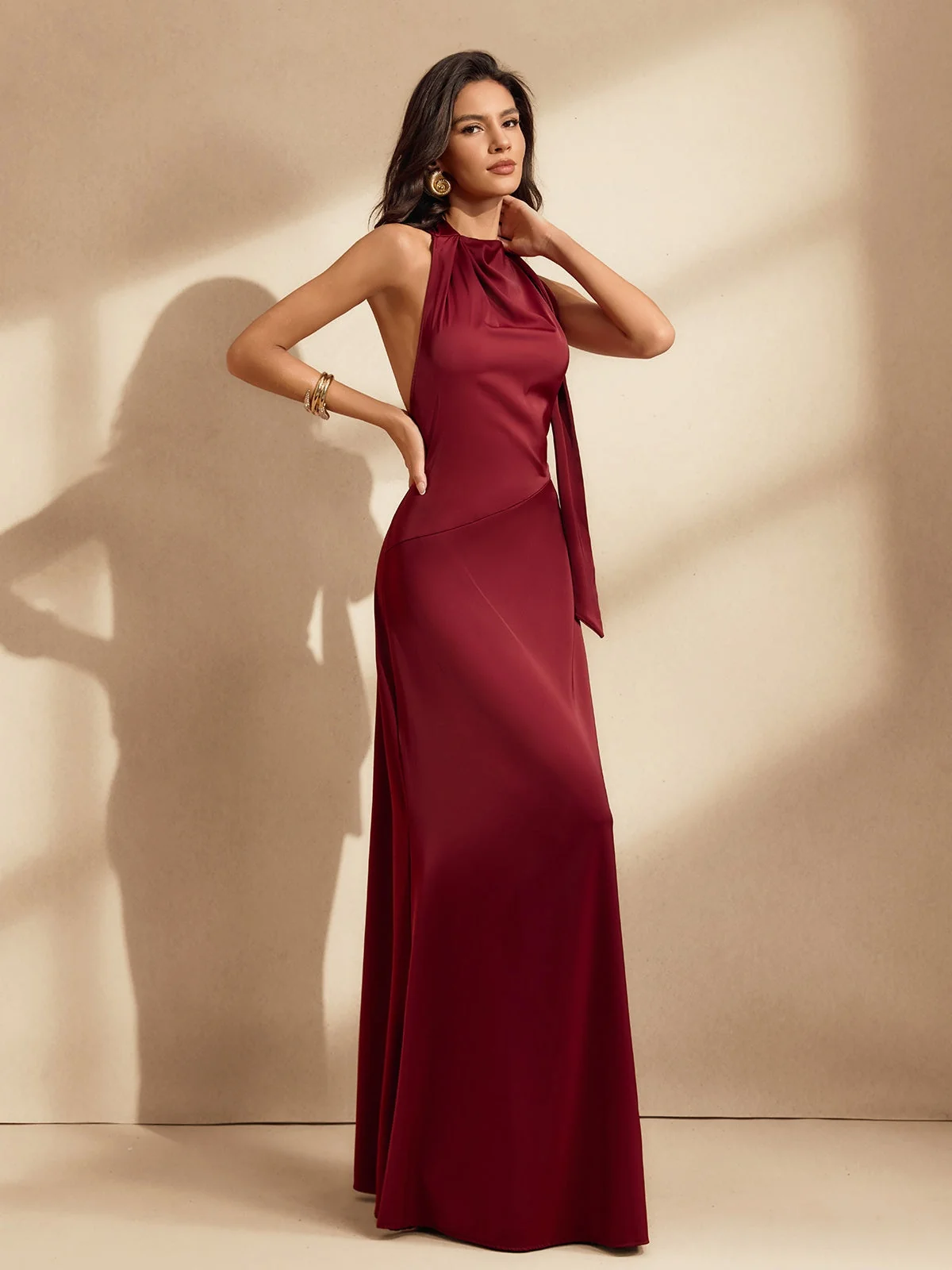 Elegant Wine Satin Maxi Dress with Backless Design