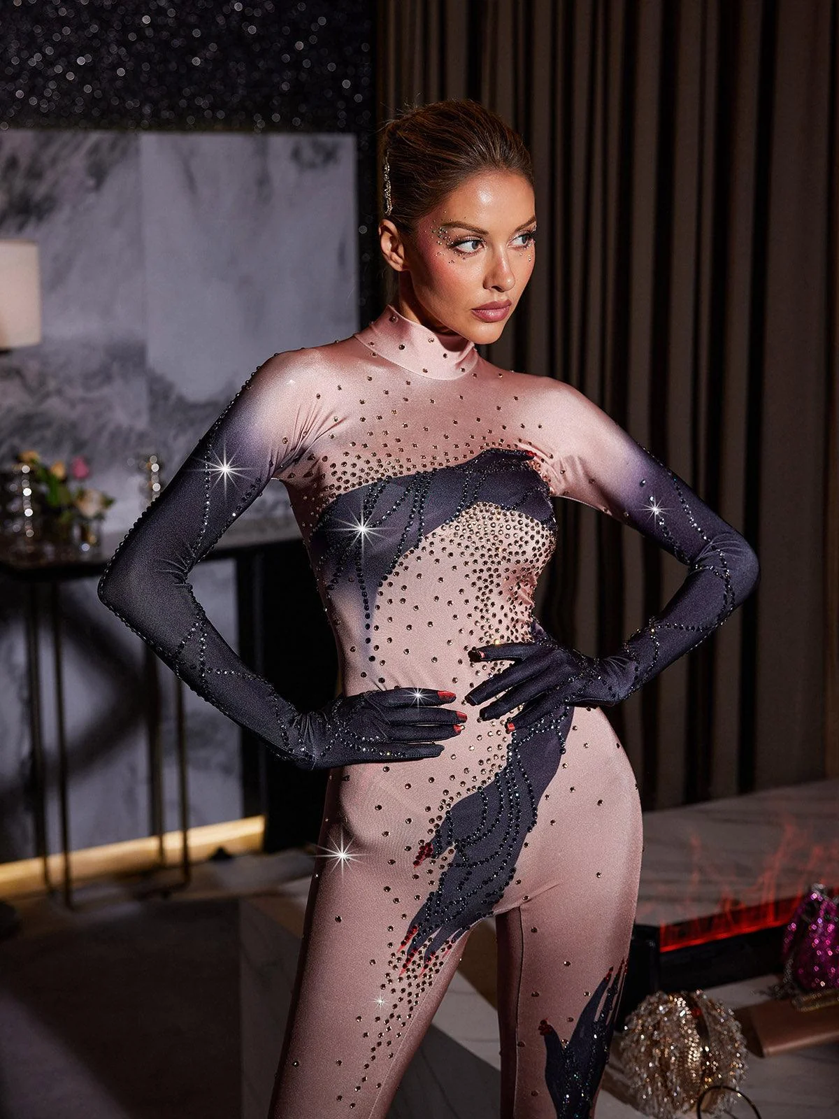 Art-Inspired Long Sleeve Printed Gloves Jumpsuit