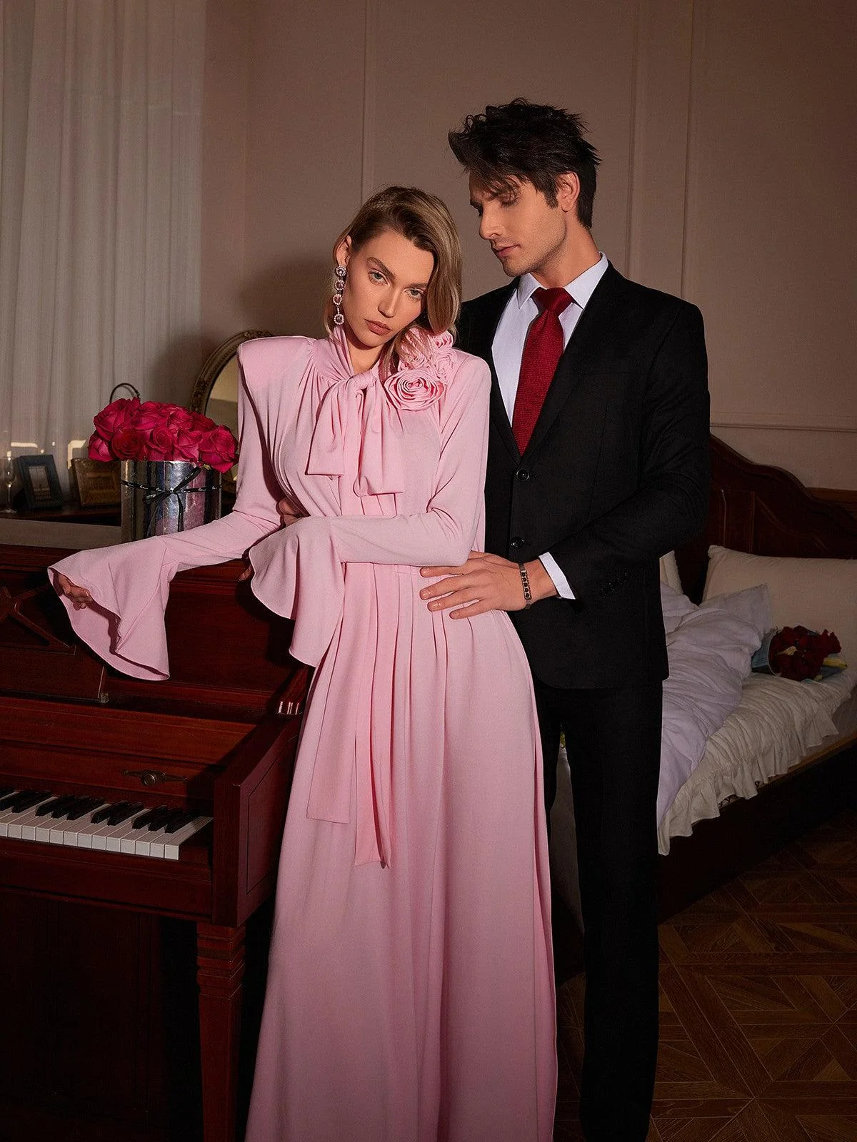 Pink Flower Embellished Long Sleeve Maxi Dress