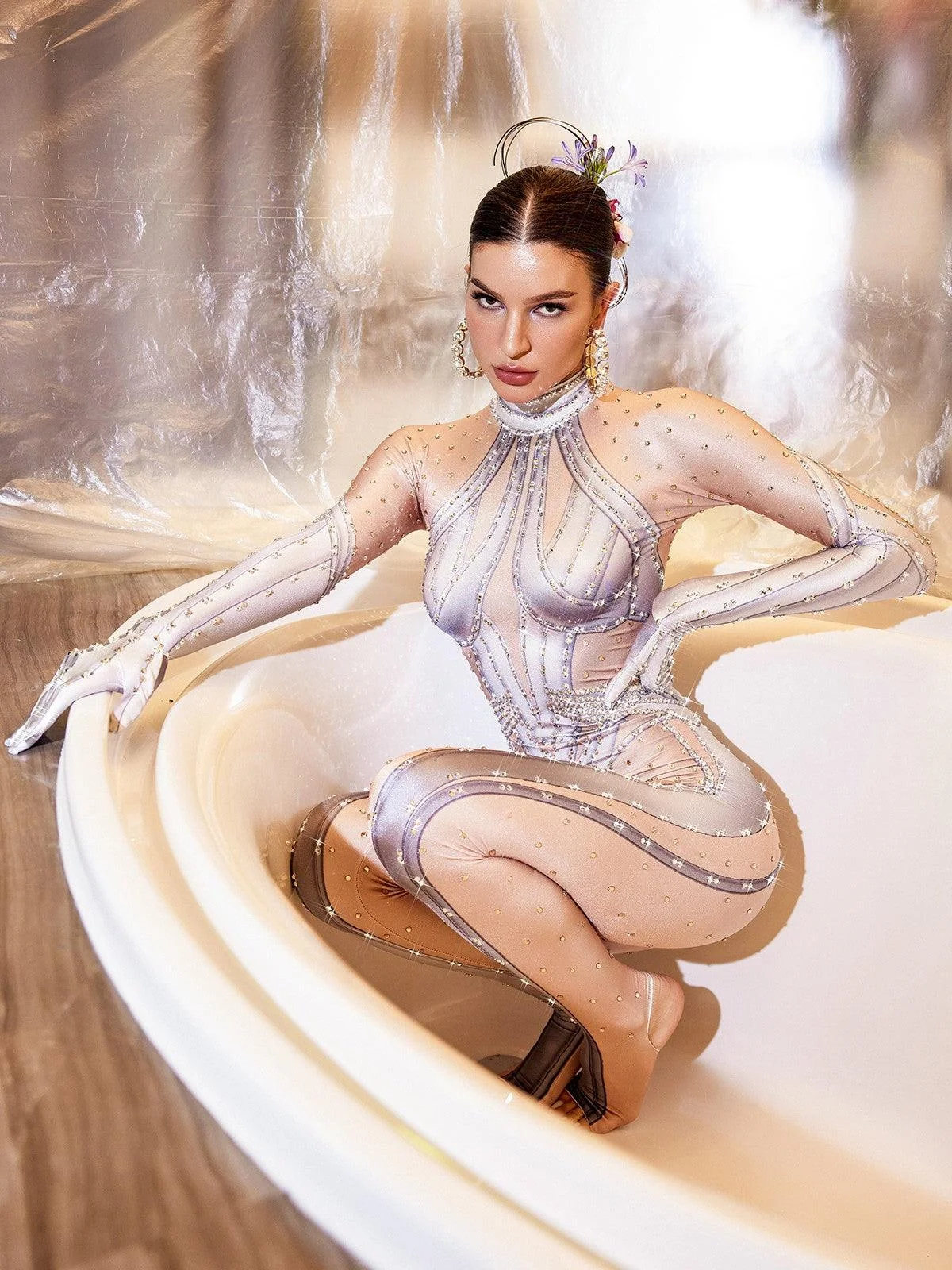 Silver Rhinestone Embellished Printed Gloves Jumpsuit