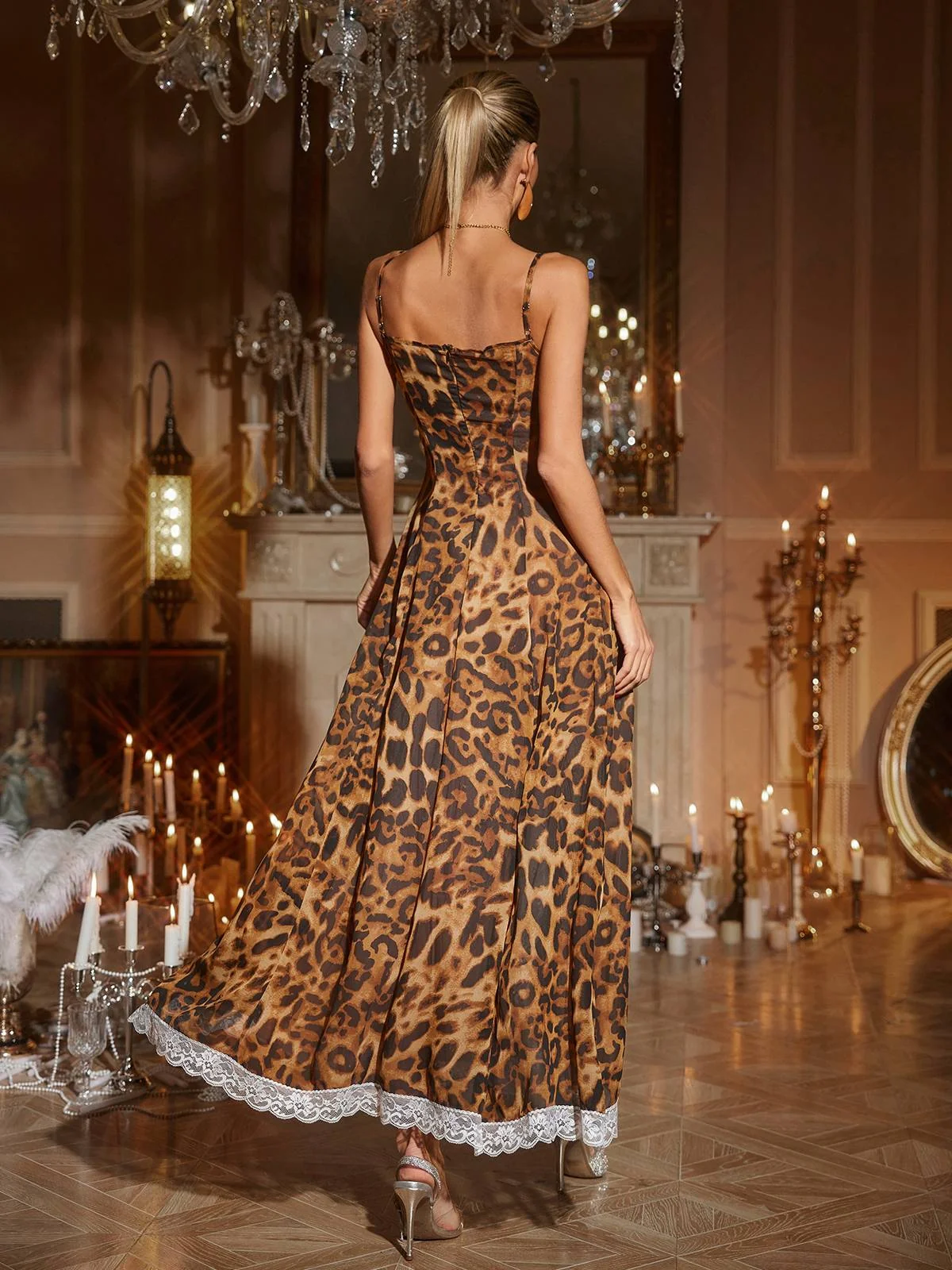 Leopard Print Lace Split Maxi Dress