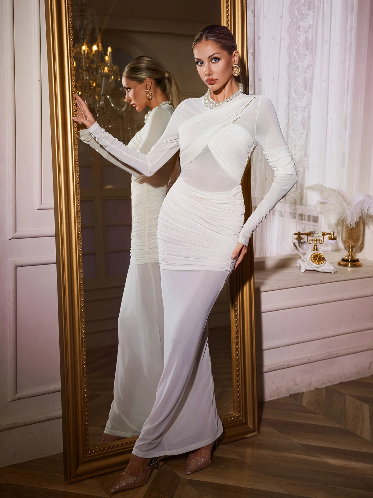 Apricot Ruched Mesh Maxi Dress with Long Sleeves