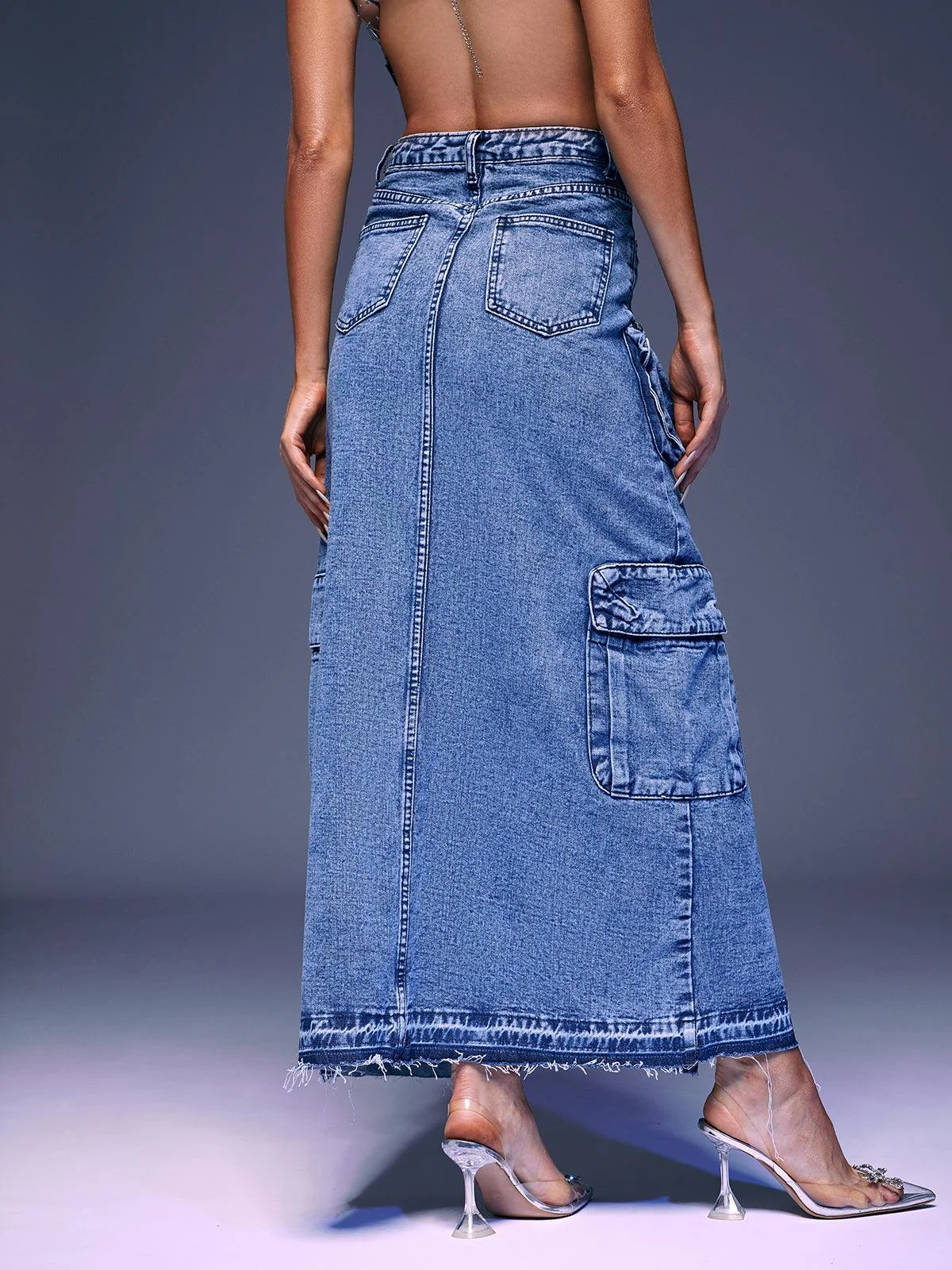 Blue Denim Split Skirt with Front Pockets