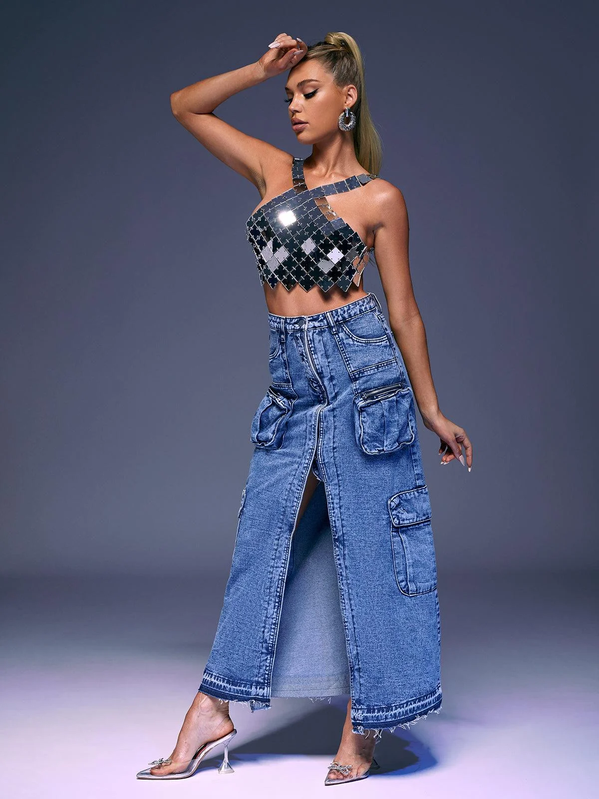 Blue Denim Split Skirt with Front Pockets