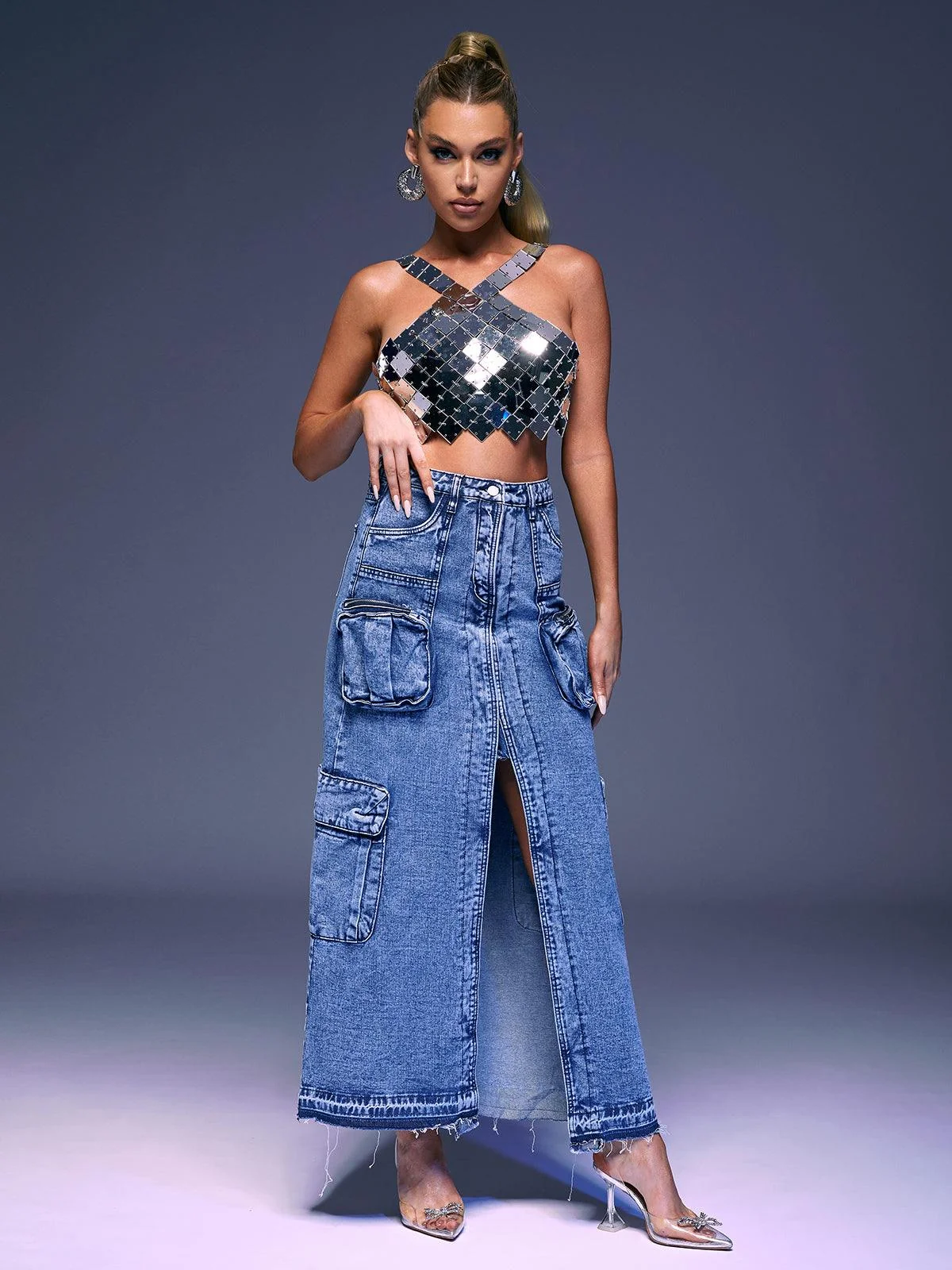 Blue Denim Split Skirt with Front Pockets