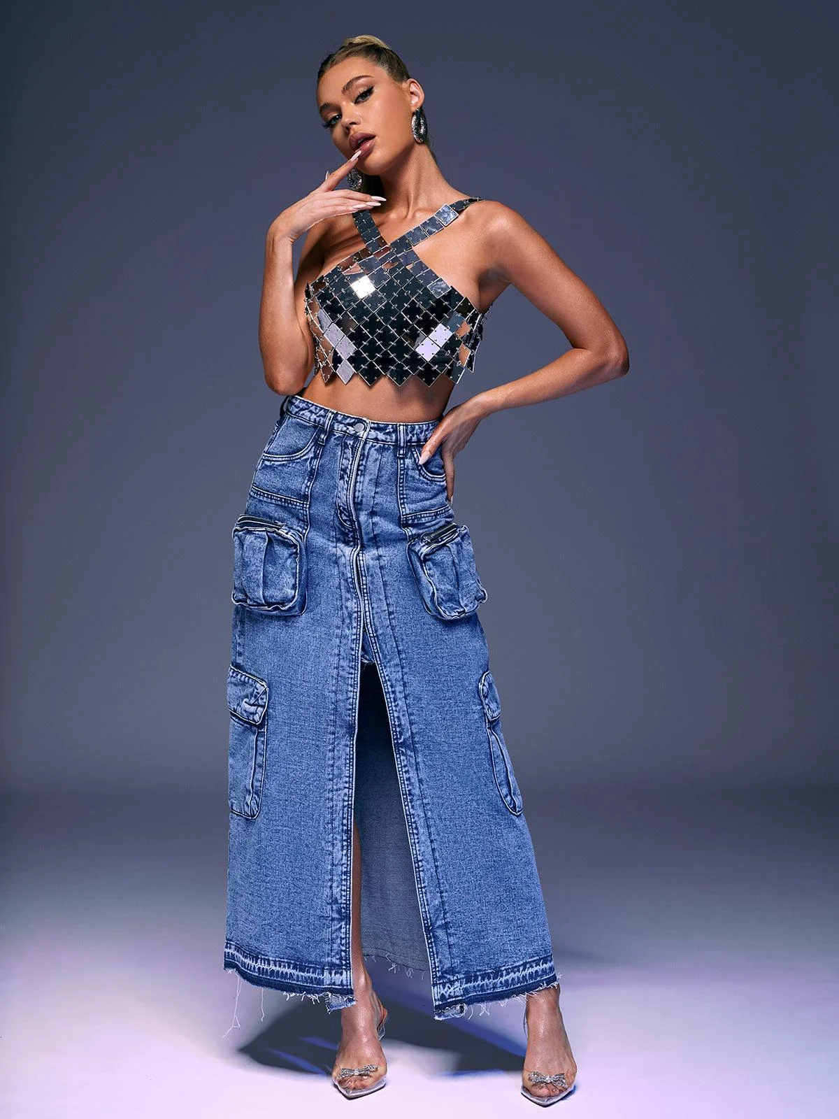 Blue Denim Split Skirt with Front Pockets