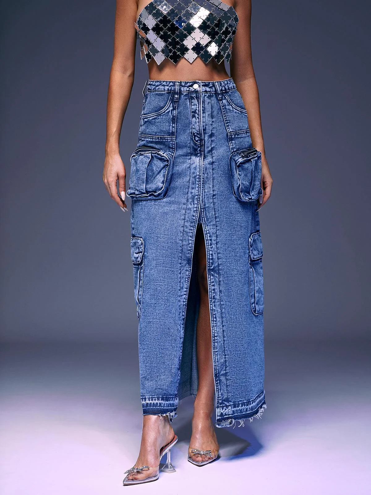 Blue Denim Split Skirt with Front Pockets