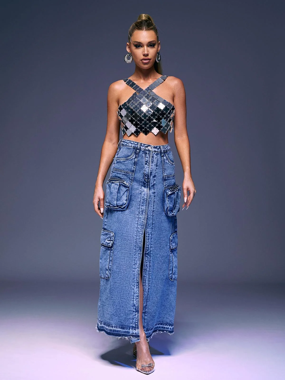 Blue Denim Split Skirt with Front Pockets