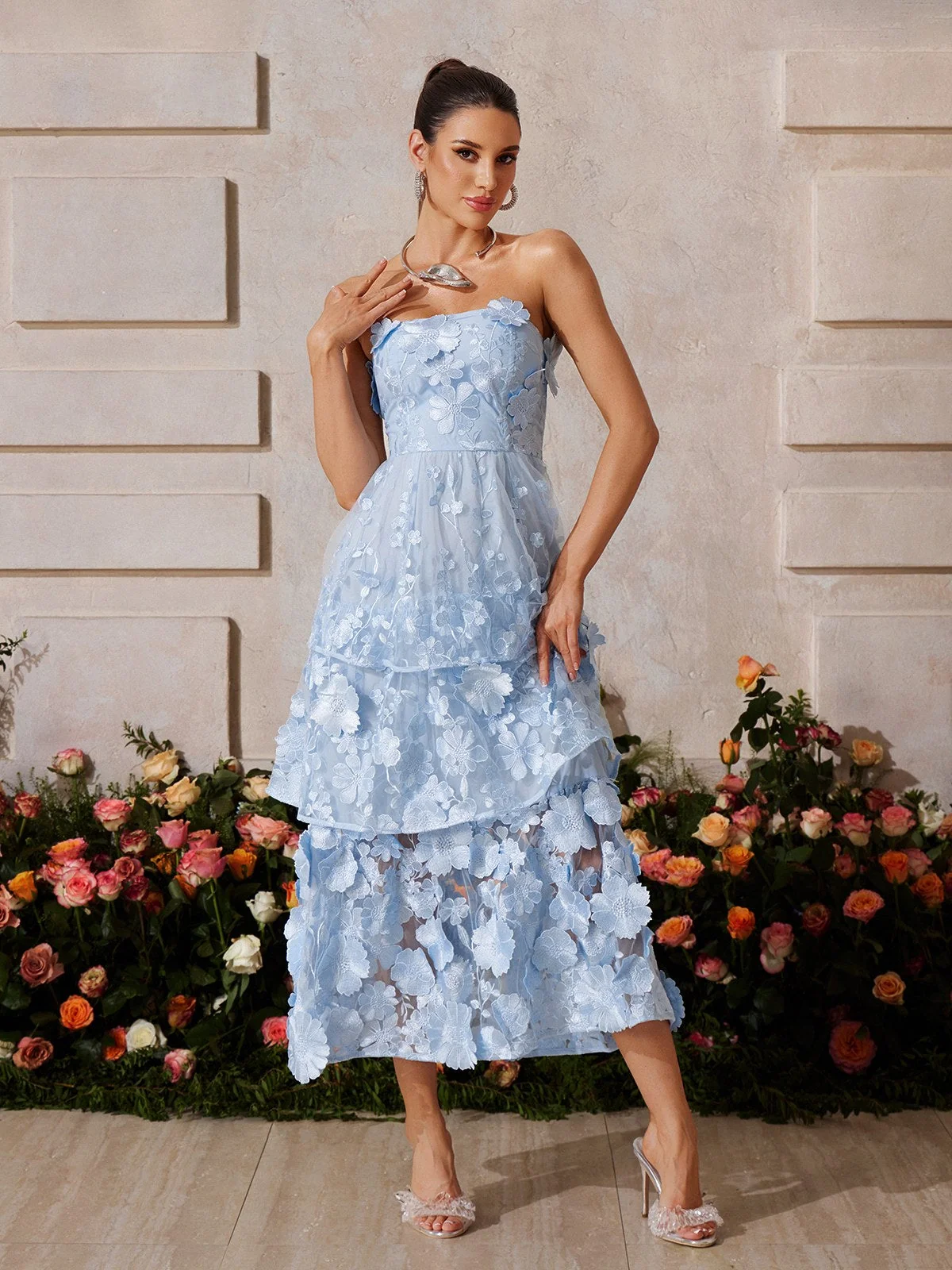 Blue Floral Embroidered Strapless Midi Dress