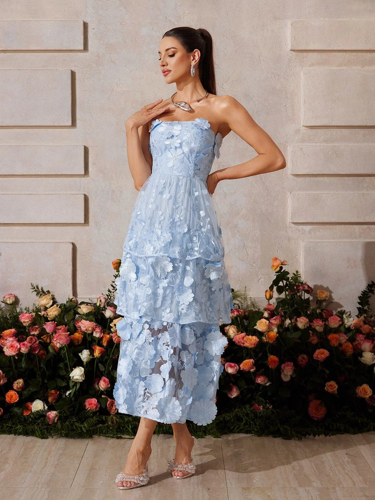 Blue Floral Embroidered Strapless Midi Dress