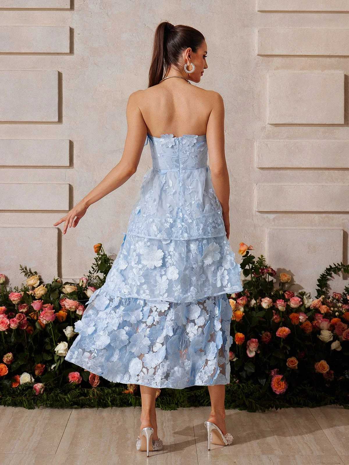 Blue Floral Embroidered Strapless Midi Dress
