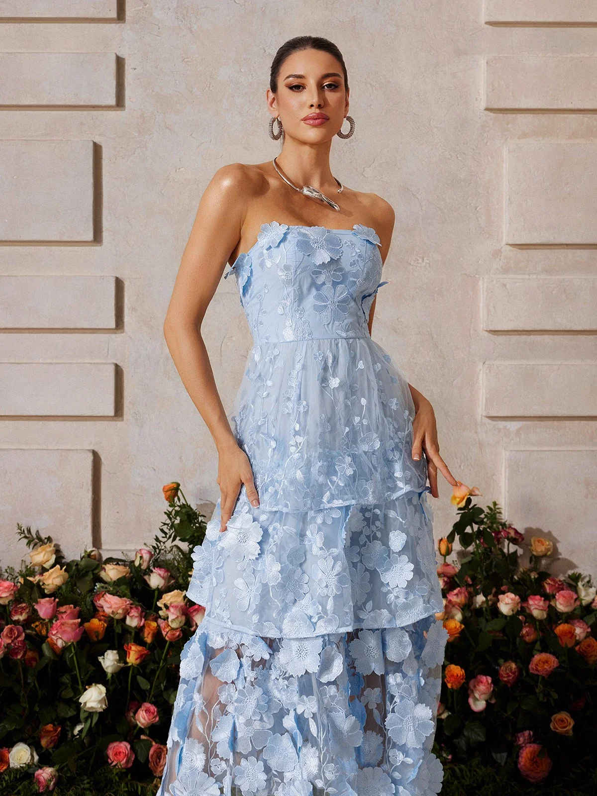 Blue Floral Embroidered Strapless Midi Dress