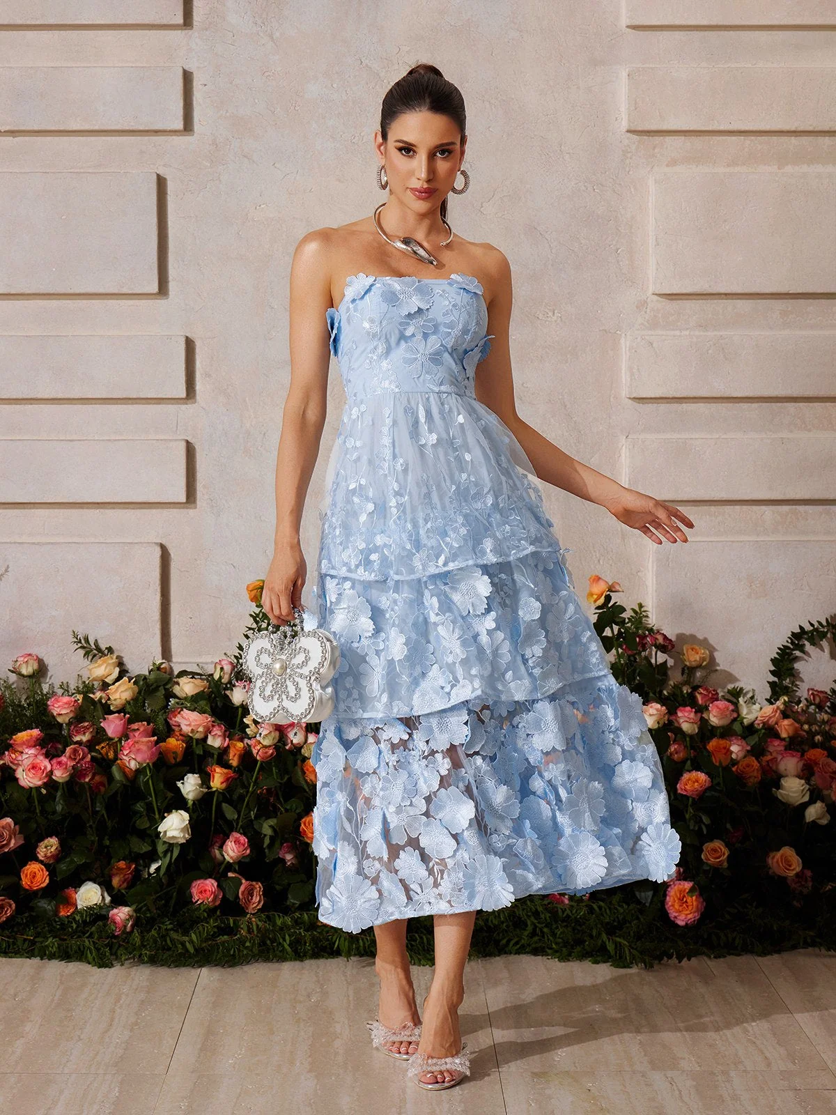 Blue Floral Embroidered Strapless Midi Dress