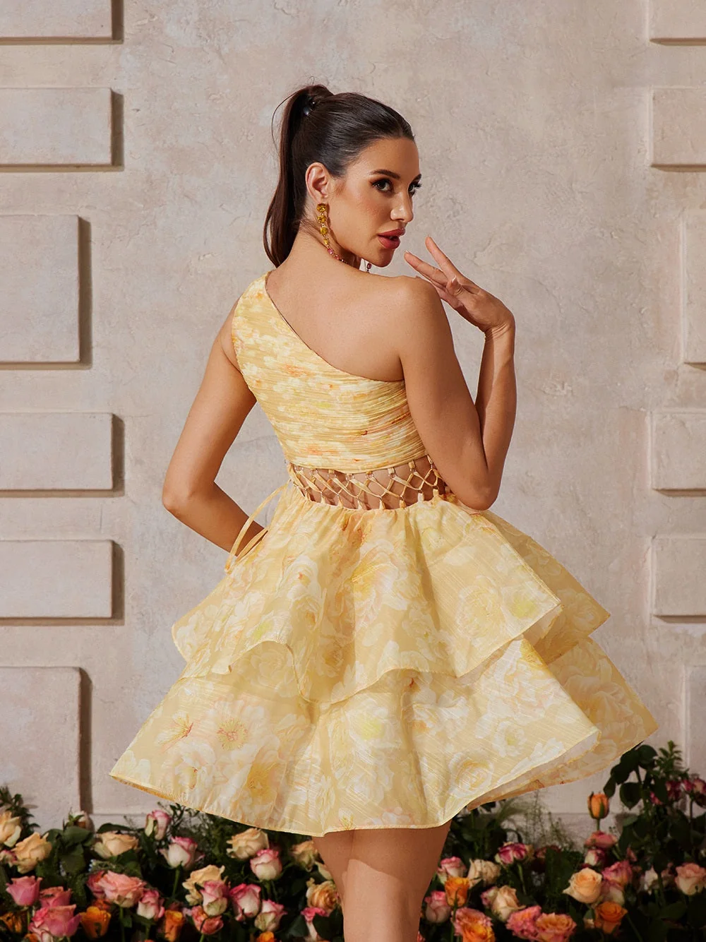 Yellow Floral Tiered Mini Dress with One-Shoulder Design