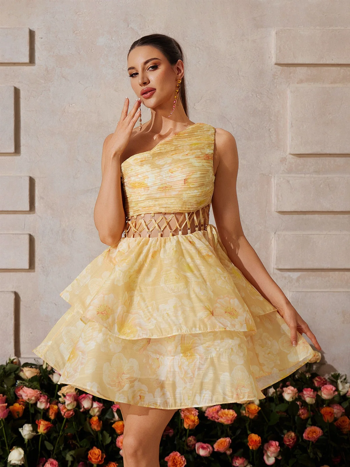 Yellow Floral Tiered Mini Dress with One-Shoulder Design
