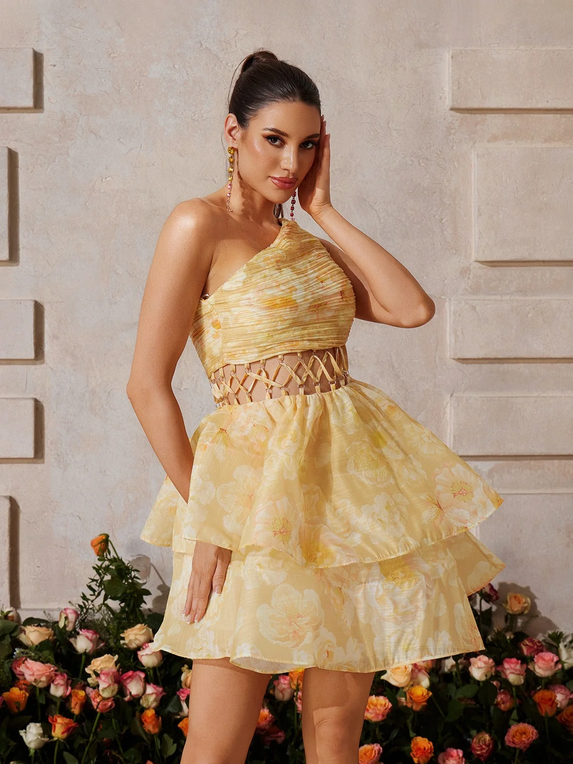 Yellow Floral Tiered Mini Dress with One-Shoulder Design