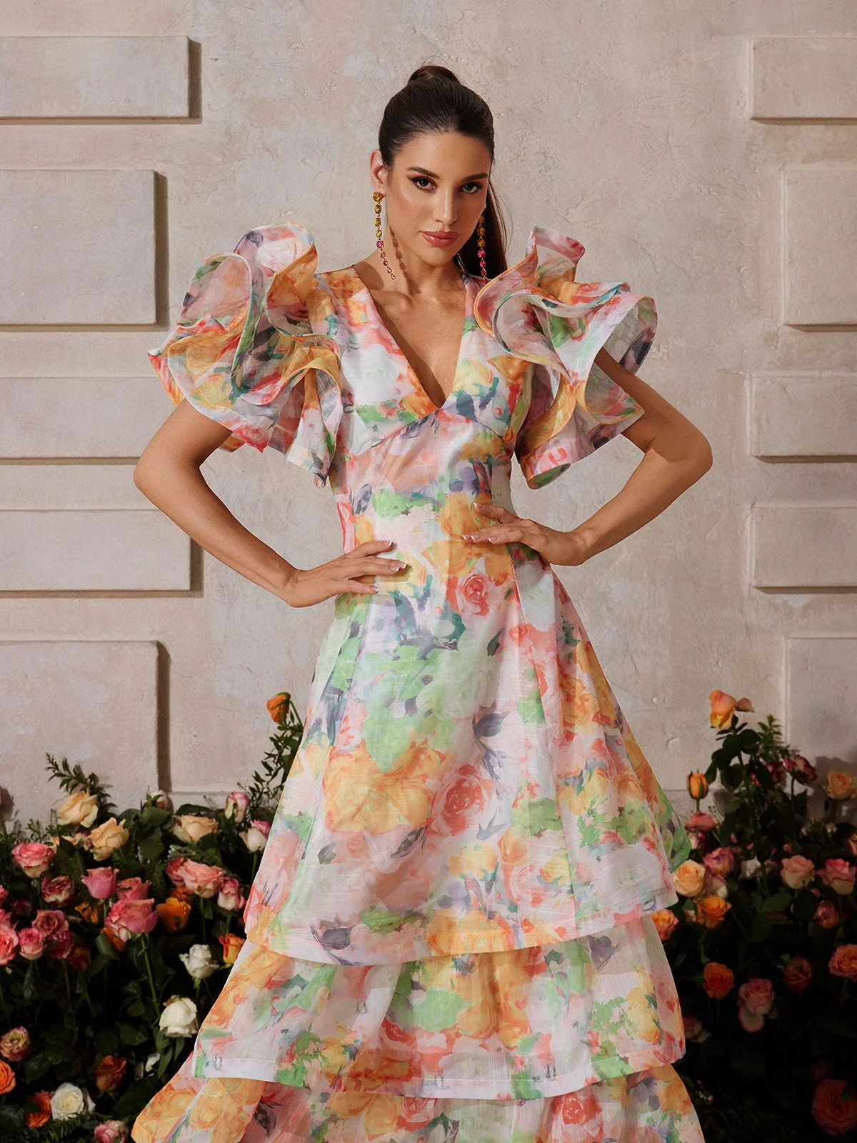 Orange Floral V-Neck Maxi Dress - Elegant Sleeveless Flowing Dress