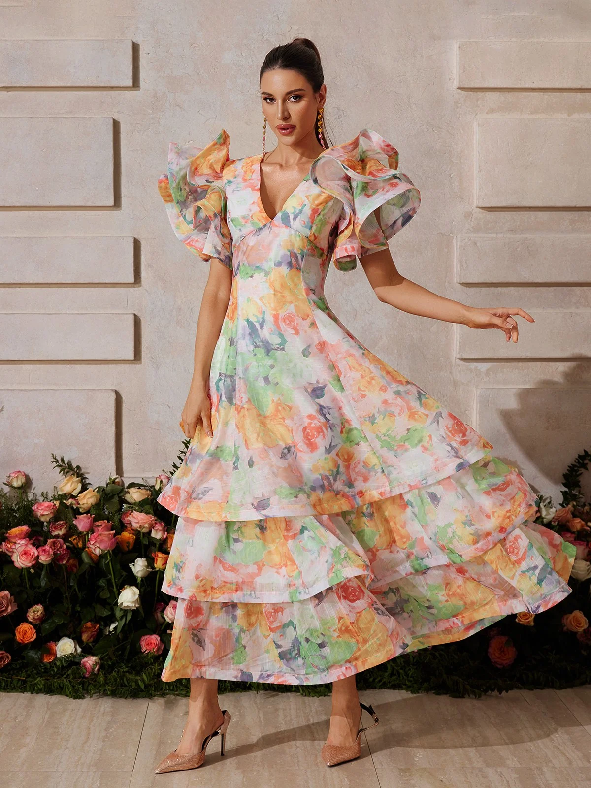 Orange Floral V-Neck Maxi Dress - Elegant Sleeveless Flowing Dress