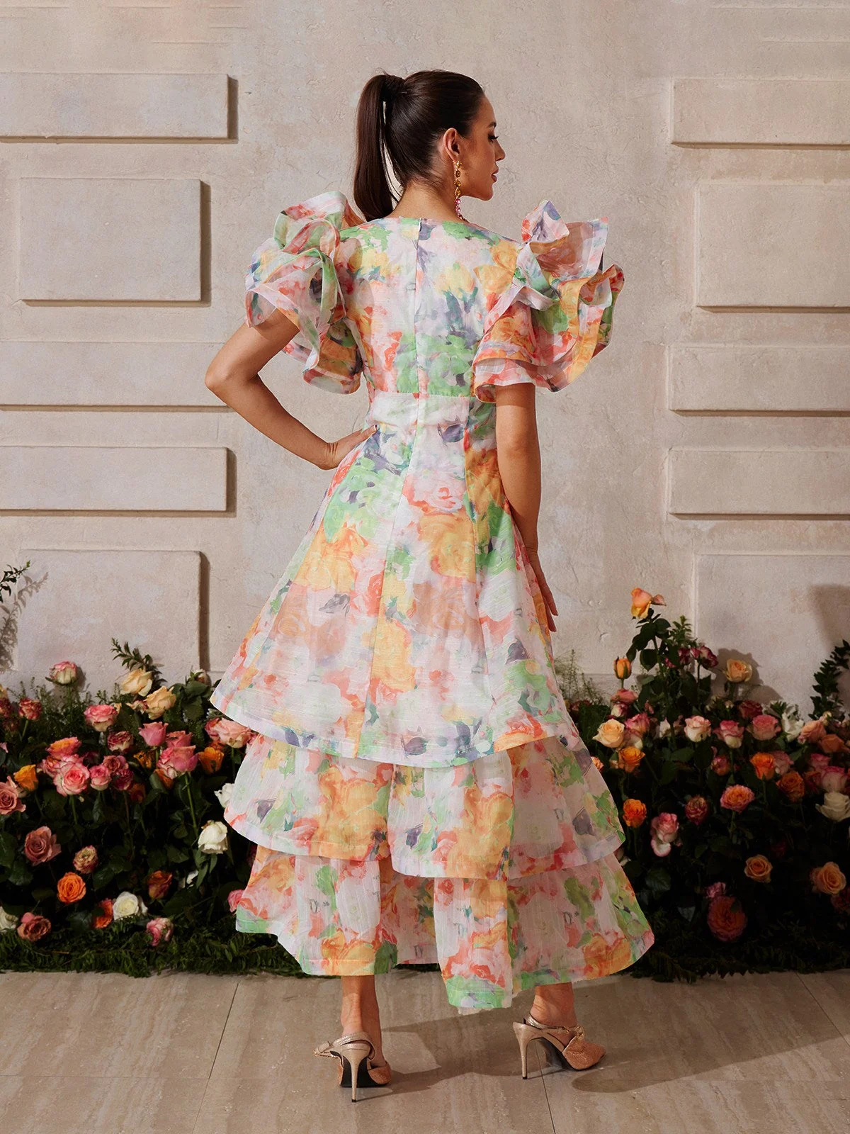 Orange Floral V-Neck Maxi Dress - Elegant Sleeveless Flowing Dress