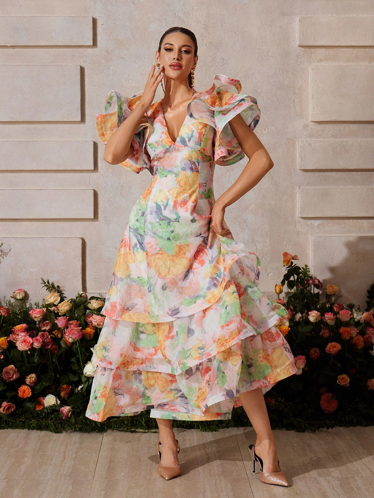 Orange Floral V-Neck Maxi Dress - Elegant Sleeveless Flowing Dress