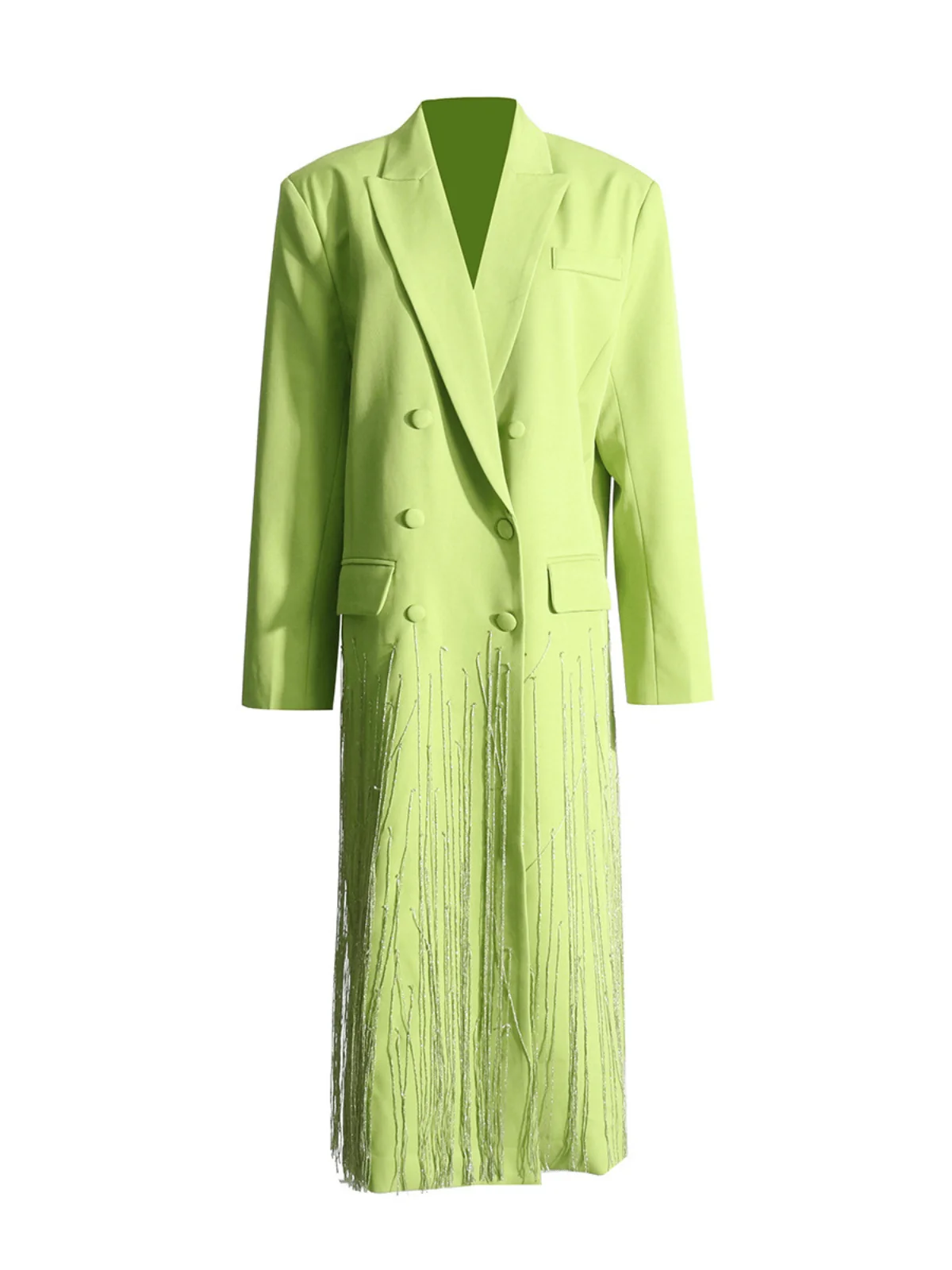 Elegant Crystal Fringe Blazer Coat in Green S Size