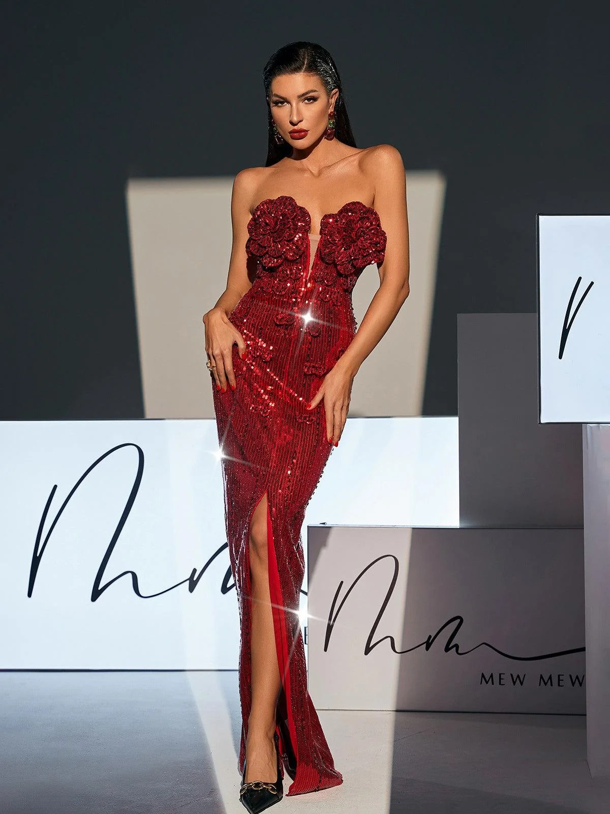 Wine Sequin Flower Split Maxi Dress with Strapless Styling